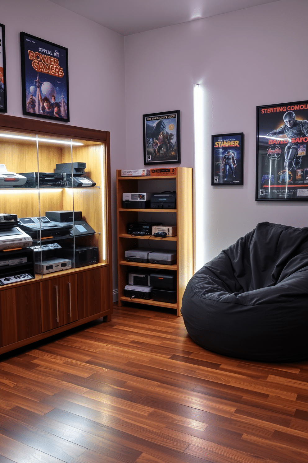 A vintage gaming console showcase area features a stylish wooden display cabinet filled with classic consoles and retro games. The walls are adorned with framed posters of iconic video games, while a plush, oversized bean bag chair invites relaxation in the corner. The flooring is a rich, dark hardwood, providing a warm contrast to the vibrant colors of the gaming memorabilia. Soft LED strip lighting highlights the collection, creating an inviting atmosphere perfect for both gaming and nostalgia.