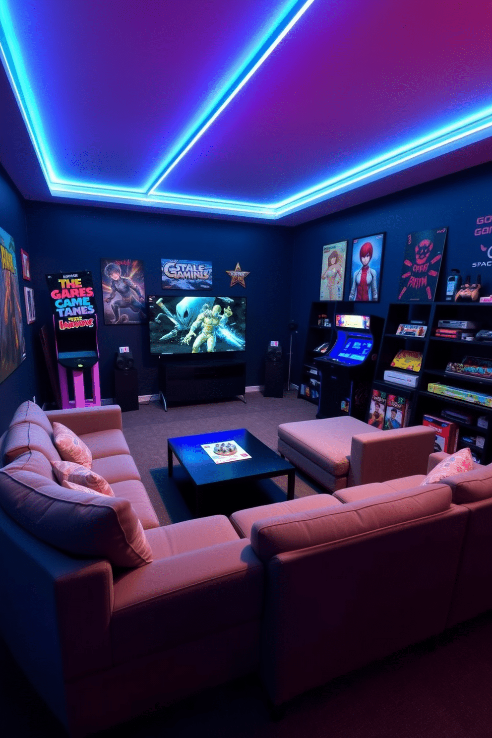 A vibrant game room featuring LED strip lights that outline the perimeter of the ceiling, casting a soft glow throughout the space. The walls are adorned with colorful artwork and gaming posters, creating an energetic atmosphere perfect for relaxation and entertainment. In the center, a plush sectional sofa is positioned around a sleek coffee table, with a large flat-screen TV mounted on the wall. A stylish arcade machine stands in one corner, while shelves filled with board games and consoles add to the room's playful charm.