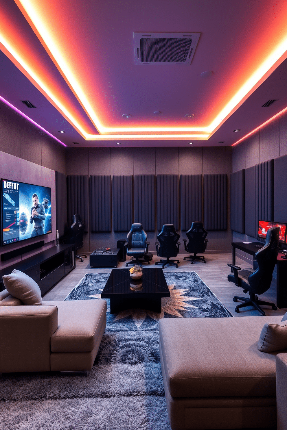 A modern game room featuring soundproofing panels on the walls to enhance acoustics and reduce noise. The room includes a large sectional sofa, a sleek coffee table, and a wall-mounted flat-screen TV, creating a perfect space for gaming and entertainment. The design incorporates vibrant LED lighting along the edges of the ceiling and a plush area rug for added comfort. A dedicated gaming corner showcases high-end gaming chairs and a custom-built desk with multiple monitors, ensuring an immersive gaming experience.