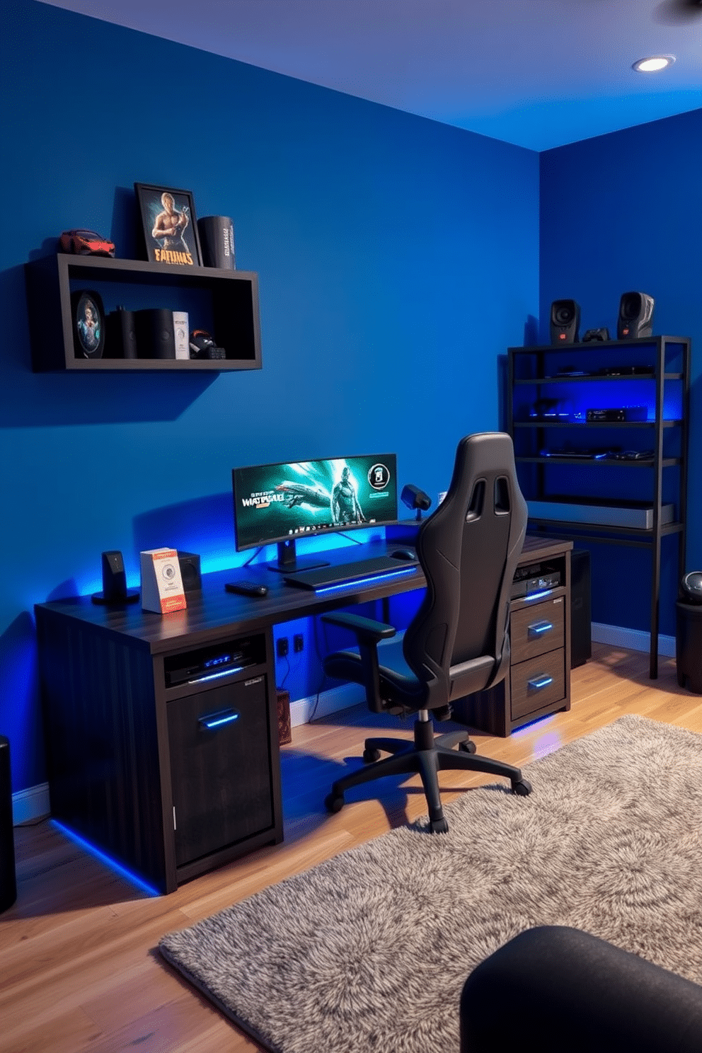 A custom-built gaming desk made of dark wood features integrated LED lighting and cable management for a clean look. An ergonomic chair with adjustable height and lumbar support complements the desk, providing comfort during long gaming sessions. The room is painted in a deep blue hue, enhancing the immersive atmosphere of the gaming experience. Wall-mounted shelves display collectibles and gaming gear, while a plush area rug adds warmth to the space.