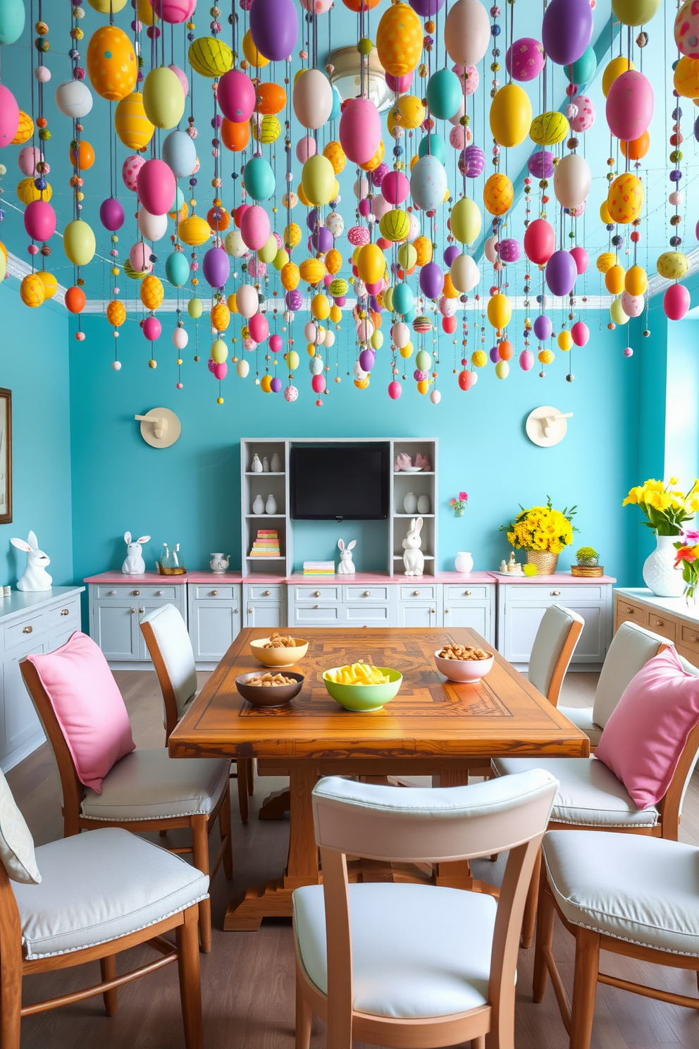 A vibrant game room filled with colorful Easter egg garlands hanging overhead. The walls are painted in a cheerful pastel blue, and the ceiling is adorned with strings of multicolored eggs, creating a festive atmosphere. In the center of the room, a large wooden table is set up for board games, surrounded by comfortable chairs with pastel-colored cushions. On the table, there are bowls of Easter-themed snacks, and nearby shelves are decorated with bunny figurines and spring flowers in bright vases.