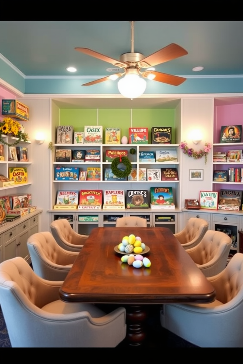 A vibrant game room adorned with vintage board games featuring Easter themes. The walls are painted in pastel colors, with shelves displaying an array of classic board games in their original, colorful boxes. A large wooden table in the center of the room is set for a game night, surrounded by comfortable, upholstered chairs. Decorative Easter eggs and spring-themed garlands add a festive touch, creating a nostalgic and inviting atmosphere.