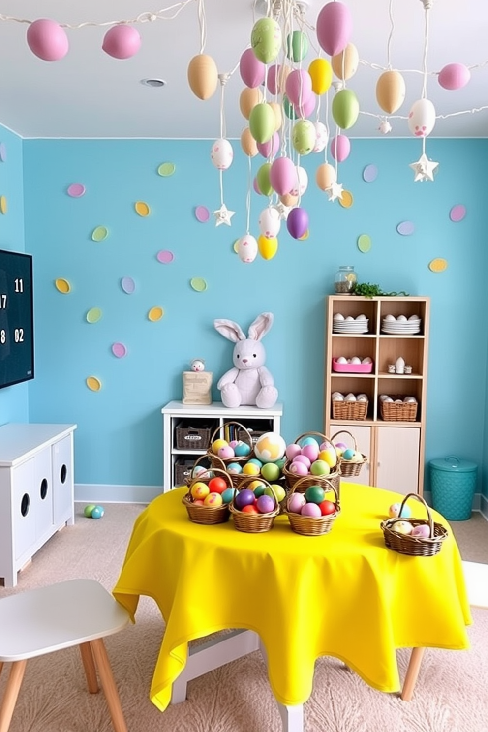 A vibrant game room adorned with Easter decorations. The walls are painted in a soft pastel blue, and colorful Easter egg decals are scattered across them. In the center of the room, a large, round table is covered with a bright yellow tablecloth, and various baskets filled with painted eggs are placed on top. A plush bunny sits on a nearby shelf, and strings of paper egg garlands hang from the ceiling, creating a festive atmosphere.