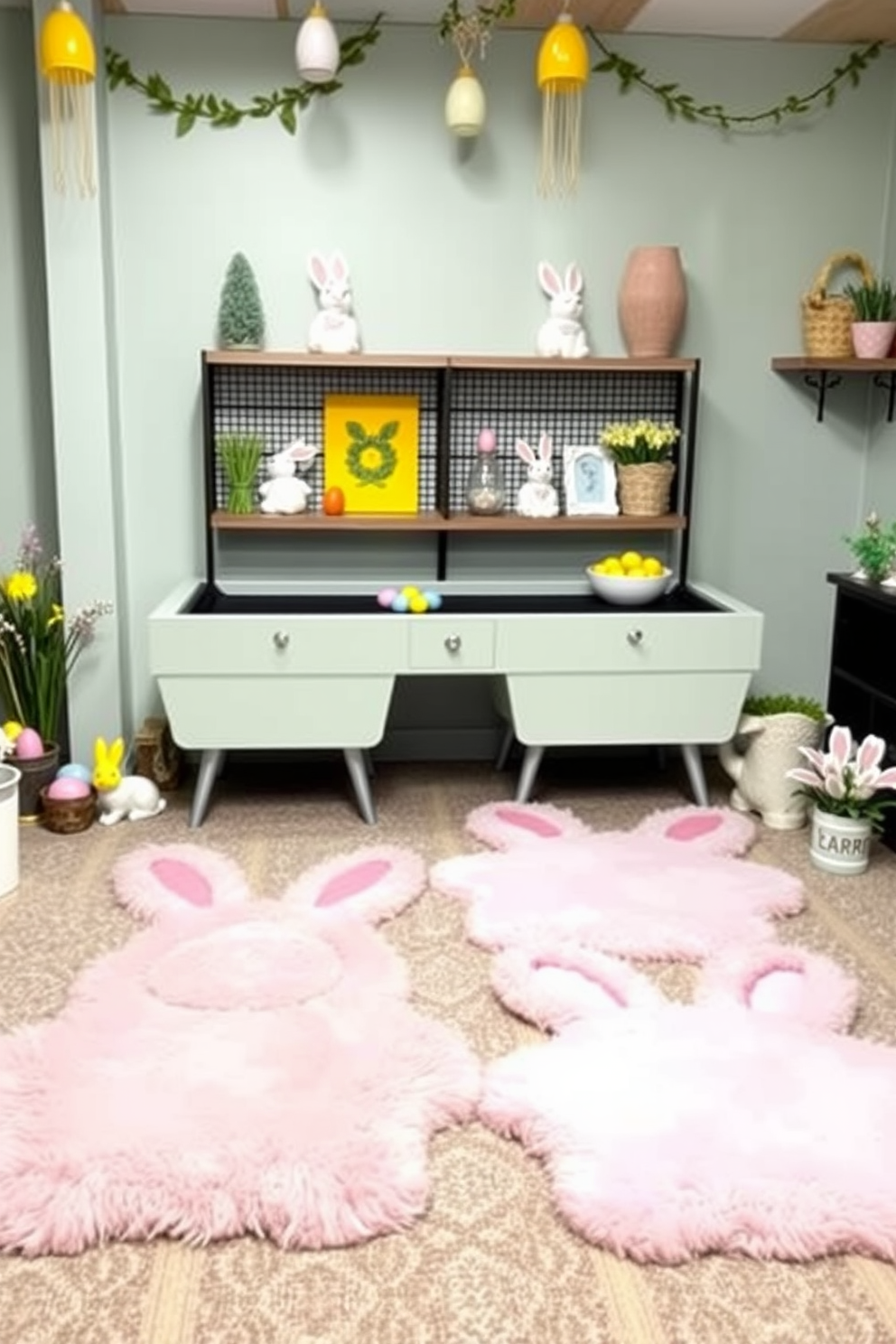 A cozy game room with bunny-shaped rugs as the centerpiece. The rugs are made of plush material in pastel colors, adding a playful and soft touch to the room. Easter-themed decorations adorn the game room, creating a festive atmosphere. Colorful Easter eggs, bunny figurines, and spring flowers are strategically placed around the room, complementing the bunny-shaped rugs.