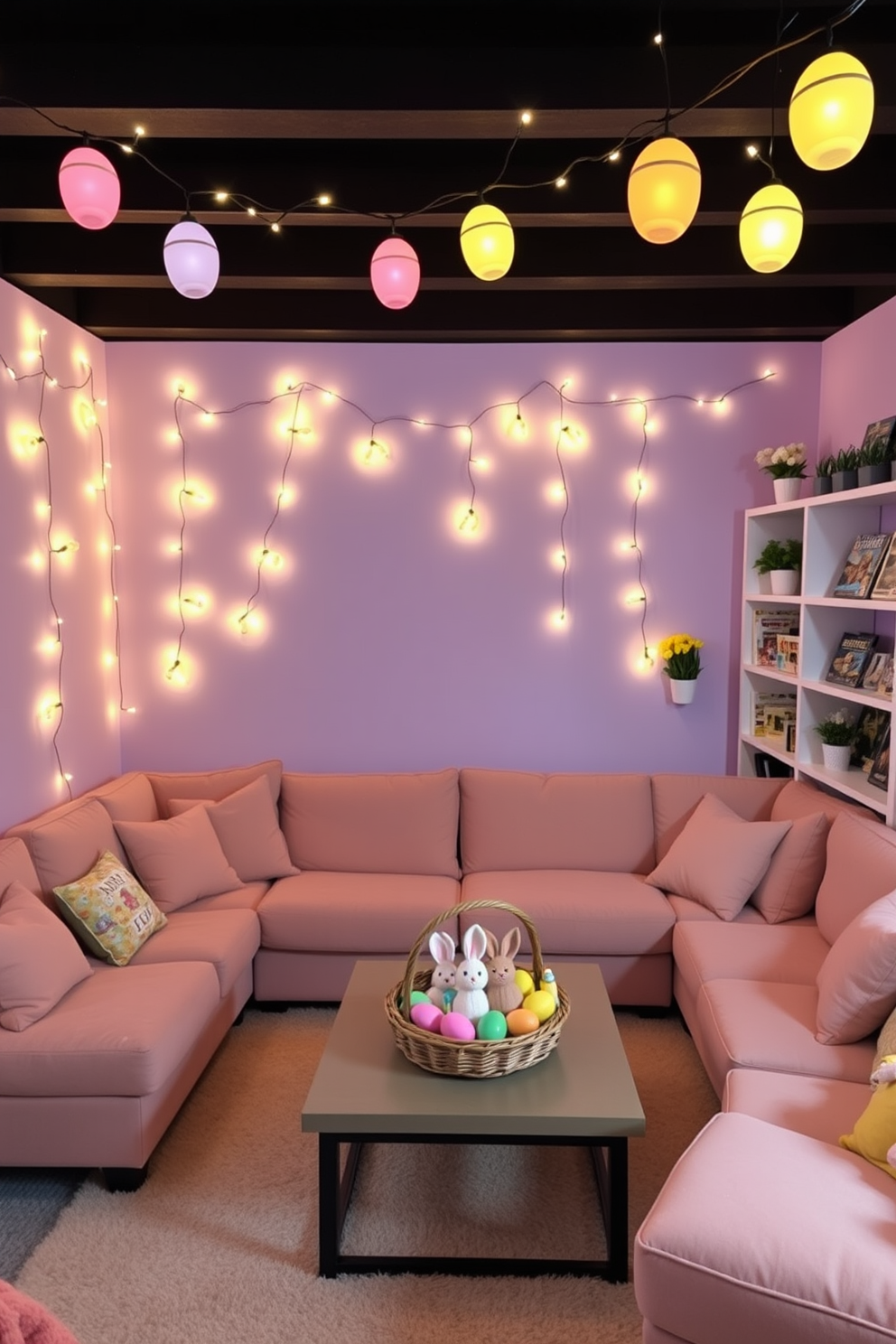 A cozy game room adorned with Easter-themed decorations. Fairy lights shaped like Easter eggs are draped across the walls, casting a warm, festive glow. The room features a large, plush sectional sofa in pastel hues, perfect for lounging during game nights. A coffee table in the center is decorated with a basket of colorful Easter eggs and a few bunny figurines. The walls are painted in a soft lavender color, creating a calming atmosphere. Shelves along one wall display a collection of board games and Easter-themed decor, including small potted plants and spring flowers.