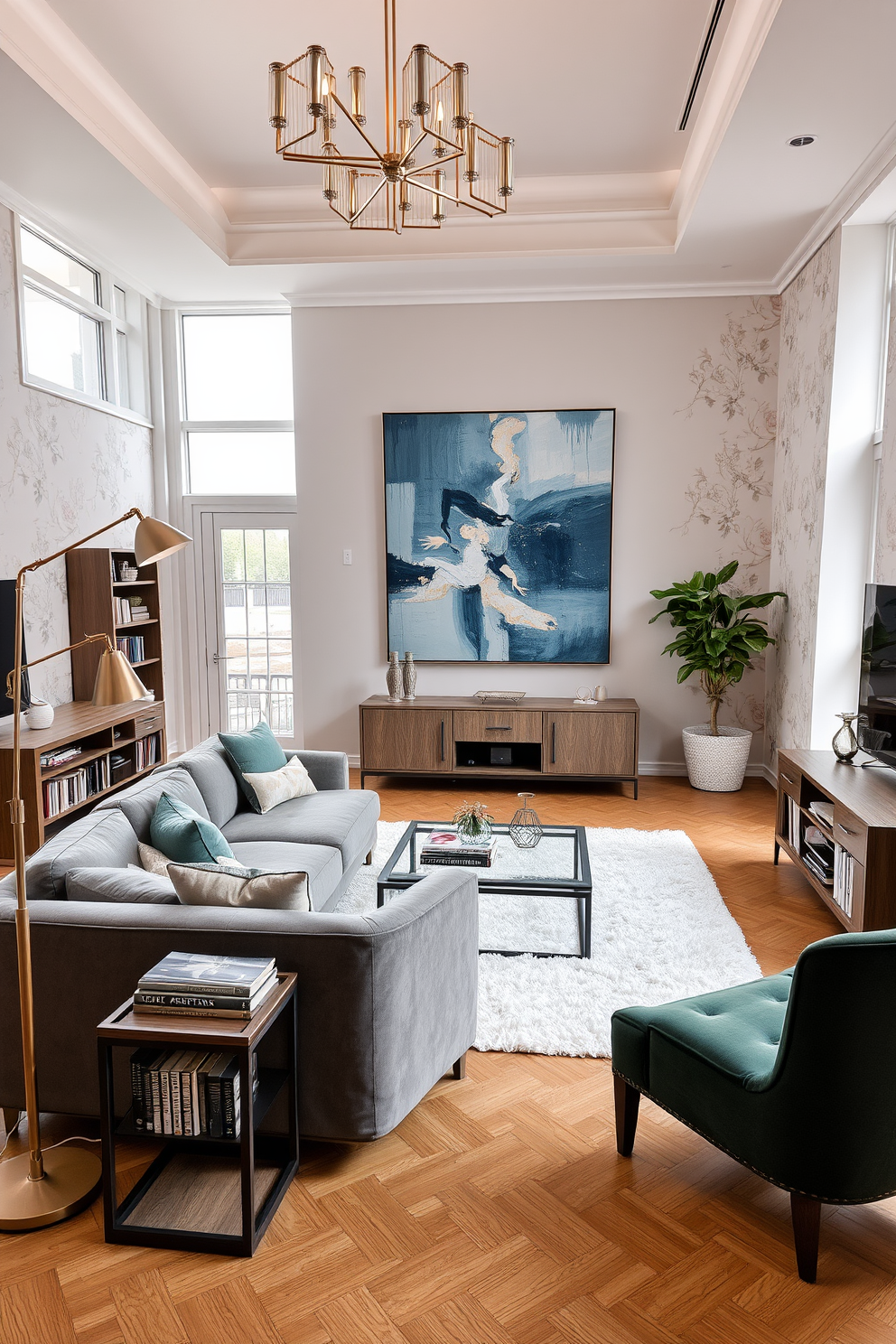 A luxurious living room with a modern aesthetic. There's a sleek sectional sofa in a soft gray fabric, paired with a glass coffee table on a plush white rug. Behind the sofa, a large abstract painting in shades of blue and gold adorns the wall. The room is illuminated by a contemporary chandelier with geometric shapes, and a set of floor-to-ceiling windows allows natural light to flood the space. On the coffee table, a collection of art books and a small potted plant add a touch of personality. The floor is a warm oak wood, and a minimalist media console houses a flat-screen TV and decorative items. A cozy reading nook with a vintage charm. An oversized armchair upholstered in a deep green velvet is the focal point, accompanied by a wooden side table with intricate carvings. Above the chair, a brass reading lamp with an adjustable arm provides ample lighting. The walls are covered in a floral wallpaper with soft pastel hues, creating a serene atmosphere. A small bookshelf filled with classic novels and a few decorative trinkets sits beside the chair. A plush area rug in a muted pink shade completes the space, adding warmth and comfort.