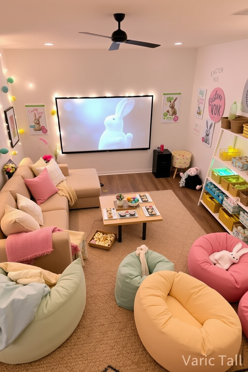 A cozy living room set up for an Easter movie night. The room features a large, plush sectional sofa adorned with pastel-colored throw pillows and blankets. A coffee table in front of the sofa is decorated with Easter-themed snacks, including a bowl of pastel-colored popcorn and a tray of bunny-shaped cookies. Soft, ambient lighting is provided by string lights shaped like Easter eggs, draped around the room. A large screen on the wall plays a classic Easter movie, and the room is filled with the scent of fresh spring flowers in vases placed strategically around the space. A vibrant game room decorated for Easter festivities. The walls are adorned with colorful Easter egg decals and bunny-themed posters. A large table in the center of the room is set up for various Easter games, including egg painting and a bunny ring toss. Comfortable bean bags and chairs in pastel shades are scattered around for seating. The shelves are filled with Easter baskets containing game prizes, and a small refreshment corner offers themed snacks and drinks.