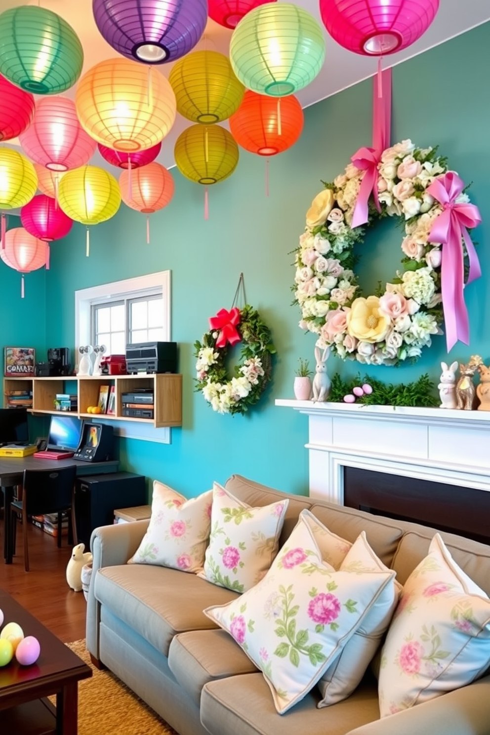 A vibrant game room filled with colorful paper lanterns hanging from the ceiling, casting a warm and playful glow. The walls are painted in a lively shade of teal, and various board games and video game consoles are neatly arranged on wooden shelves, creating an inviting space for fun and relaxation. An Easter-themed living room decorated with pastel-colored eggs and bunny figurines placed on the coffee table and mantel. Soft, floral-patterned throw pillows adorn the sofa, while a large, cheerful wreath made of spring flowers and ribbons hangs on the wall, bringing a festive and joyful atmosphere to the space.