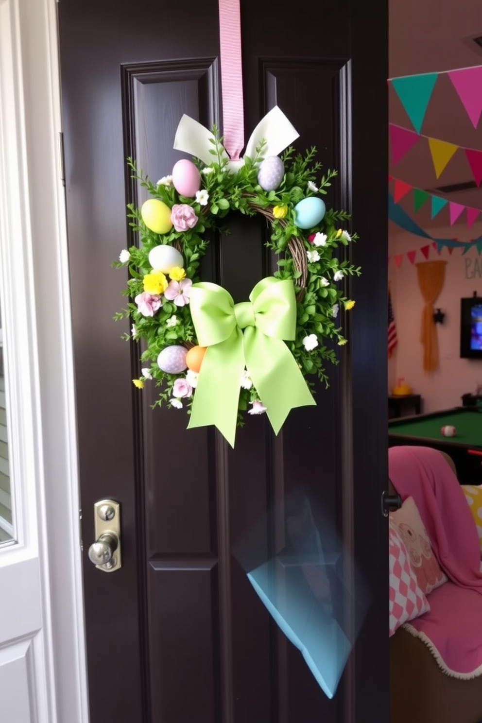 A festive DIY Easter wreath adorns the front door, featuring a mix of pastel-colored eggs, faux flowers, and green foliage. A large, cheerful bow in a springtime hue completes the look, making the entrance inviting and seasonal. In the game room, Easter decorations blend fun and festivity with playful touches. Brightly colored banners and streamers hang from the ceiling, while themed pillows and throws add comfort to the seating area.