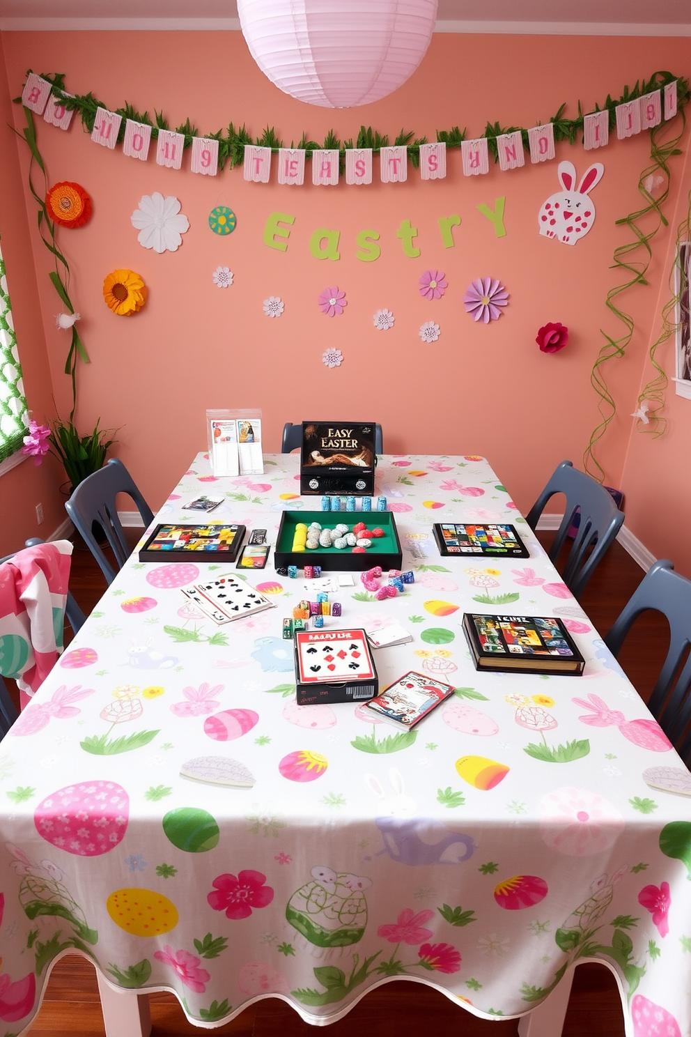 A vibrant game room table decorated for Easter. The tablecloth features a pastel-colored pattern with Easter eggs, bunnies, and spring flowers, creating a festive atmosphere. On the table, there are various gaming accessories neatly arranged, including playing cards, dice, and board game pieces. The surrounding walls are adorned with Easter-themed garlands and paper decorations, adding a playful touch to the room.