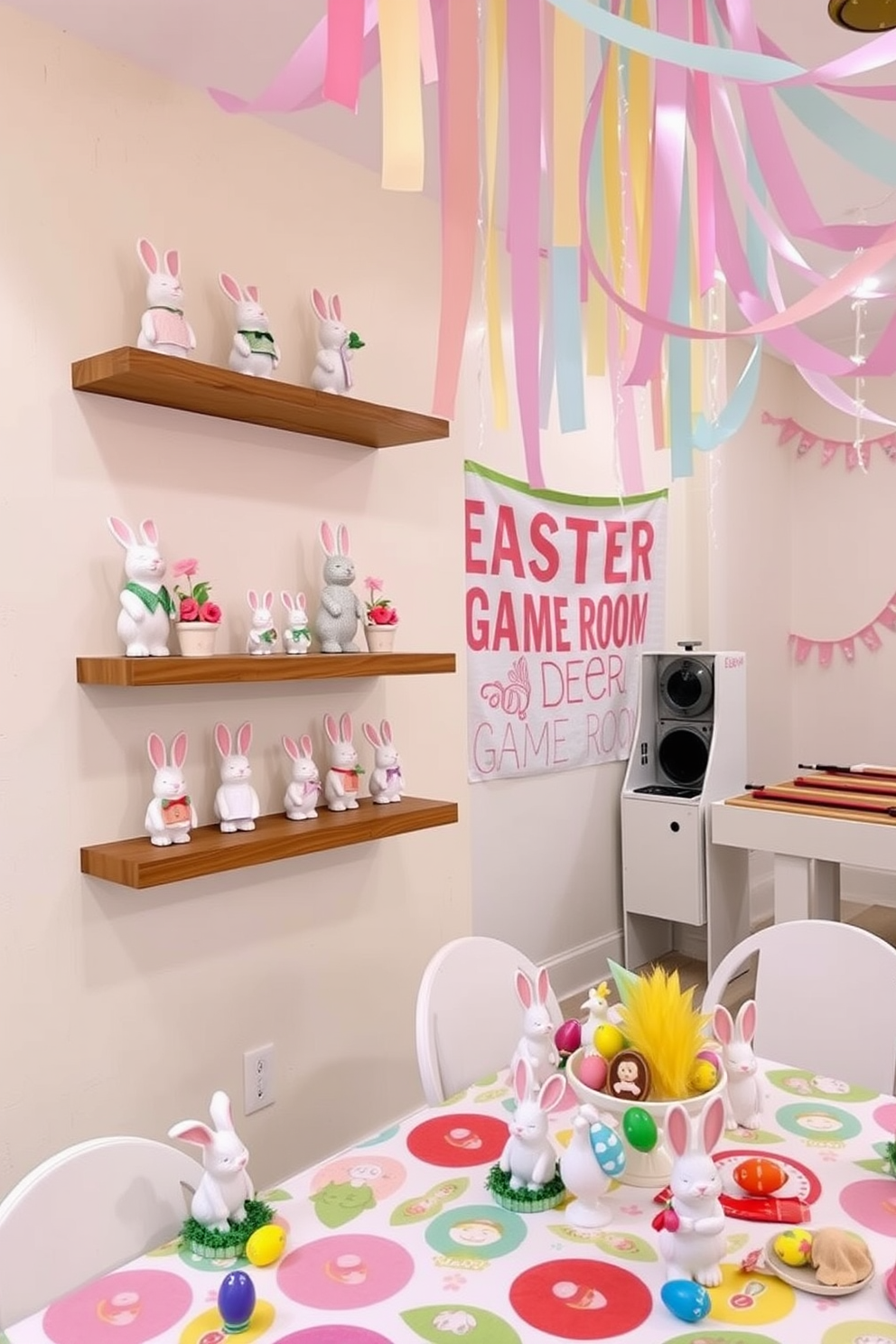 Decorative bunny figurines are placed on a set of floating wooden shelves against a light pastel wall. Each figurine is uniquely styled, with some wearing tiny outfits and others holding miniature flowers, adding a whimsical touch to the room. In the game room, Easter decorations abound with pastel-colored streamers hanging from the ceiling and a large, festive banner on the wall. The centerpiece of the room is a table adorned with a vibrant Easter-themed tablecloth, surrounded by playful bunny figurines and colorful eggs, creating a lively and inviting atmosphere.