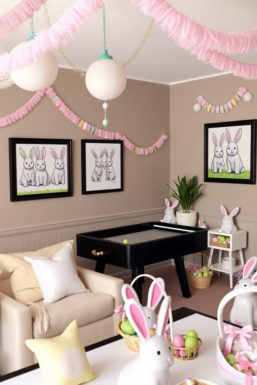 A whimsical game room decorated with bunny-themed wall art. The walls feature framed prints of adorable bunnies in various playful poses, adding a touch of fun and charm to the space. Easter-themed decorations include pastel-colored garlands and bunny-shaped cushions. The room is adorned with Easter egg baskets and festive table settings, creating a lively and celebratory atmosphere.