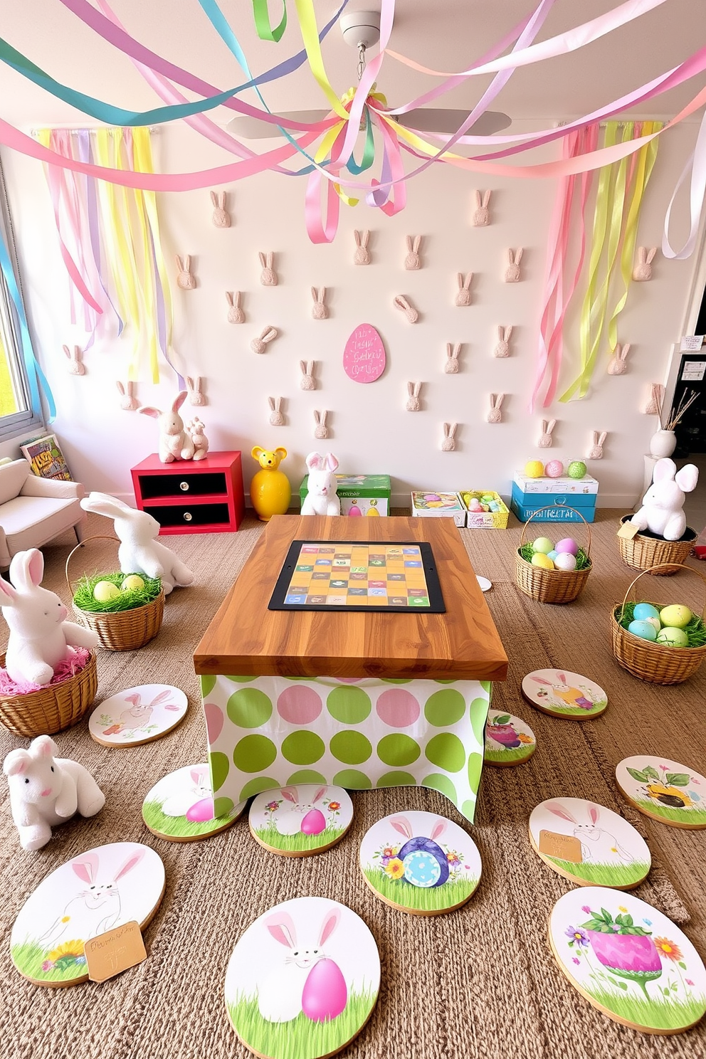 A vibrant game room filled with Easter-themed decorations. The walls are adorned with pastel-colored streamers and bunny-shaped wall decals, creating a festive atmosphere. In the center of the room, a large wooden table is set up for board games, with a colorful tablecloth featuring Easter egg patterns. Plush bunny toys and baskets filled with faux grass and decorative eggs are placed around the room, adding to the holiday spirit. A set of themed coasters featuring charming Easter designs. Each coaster showcases a different motif, from playful bunnies and decorated eggs to blooming spring flowers. The coasters are made from high-quality cork and have a glossy finish, ensuring they are both functional and decorative. Perfect for adding a touch of Easter cheer to any coffee table or dining area.