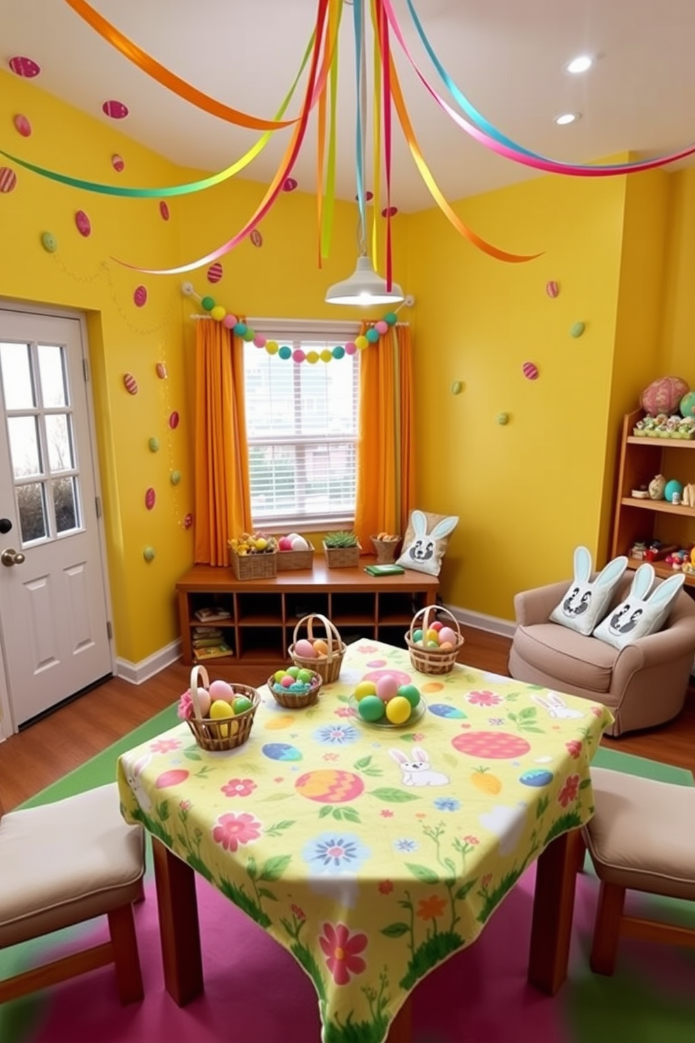 A lively game room decorated for Easter. The walls are painted a pastel yellow, and colorful Easter egg decals are scattered across them. A large wooden table in the center of the room is adorned with a vibrant tablecloth featuring Easter bunnies and flowers. On the table, there are various baskets filled with painted eggs and small toys. Brightly colored streamers hang from the ceiling, and a garland of Easter eggs drapes across the window. In one corner, a cozy reading nook with a plush chair and a small bookshelf is decorated with bunny-themed pillows.