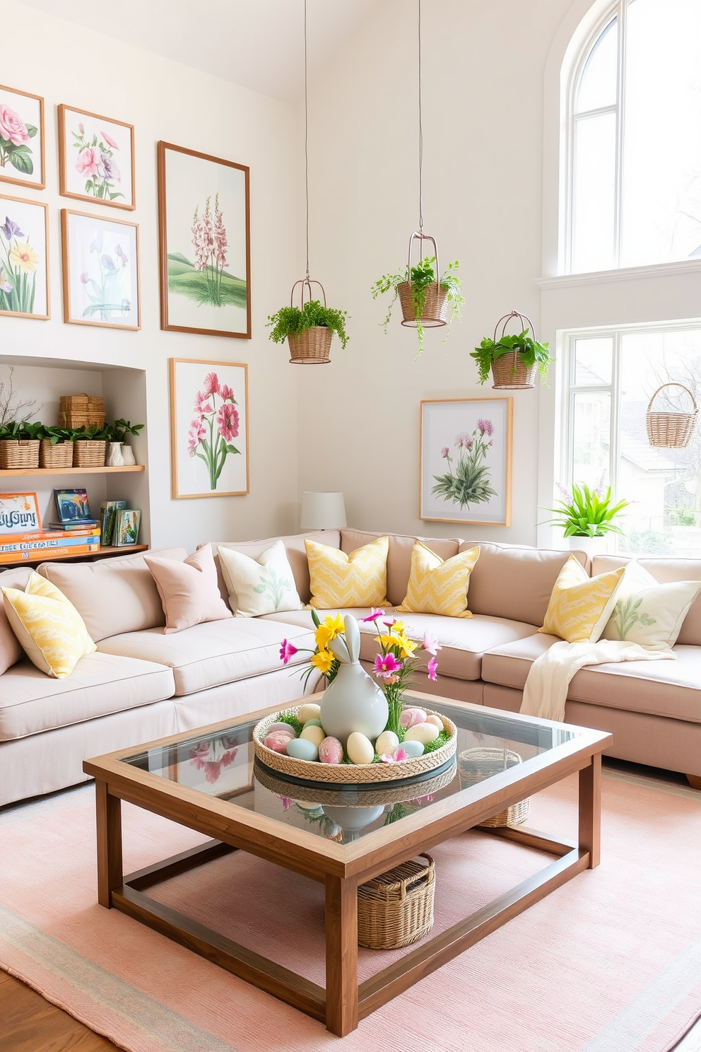 Spring-inspired artwork for wall displays. Bright and airy living room with large windows letting in natural light, walls adorned with floral paintings in pastel colors. A mix of framed botanical prints and watercolor landscapes, complemented by a few hanging planters with fresh greenery. Game Room Easter Decorating Ideas. A cozy game room with a large sectional sofa, decorated with Easter-themed throw pillows and a pastel-colored rug. Shelves filled with board games and Easter baskets, and a central coffee table featuring a festive centerpiece with colorful eggs and spring flowers.