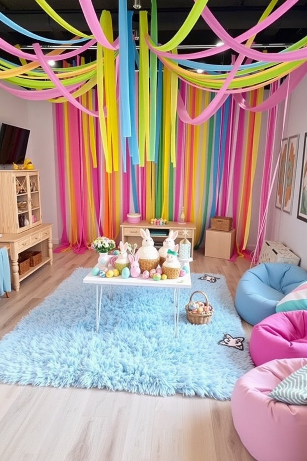 A vibrant game room decorated for Easter. The walls are adorned with colorful streamers in pastel shades of pink, blue, yellow, and green, creating a festive atmosphere. In the center of the room, a large table is set up with Easter-themed decorations, including a variety of painted eggs, bunny figurines, and baskets filled with candy. The floor features a soft, plush rug in a light blue color, adding comfort and style to the space. To the side, a cozy seating area with bean bags and cushions invites guests to relax and enjoy the cheerful ambiance.