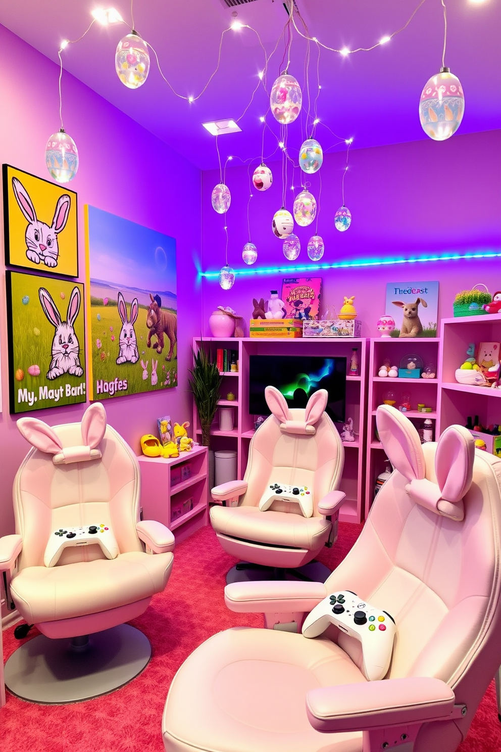 A vibrant gaming room decorated with Easter-themed accessories. The walls are adorned with pastel-colored posters featuring bunnies and Easter eggs, while the gaming chairs are covered in soft, pastel fabric. Controllers are customized with bunny ears and egg patterns, and the shelves display plush toys and Easter-themed collectibles. Fairy lights in the shape of Easter eggs hang from the ceiling, casting a warm, festive glow over the entire room.