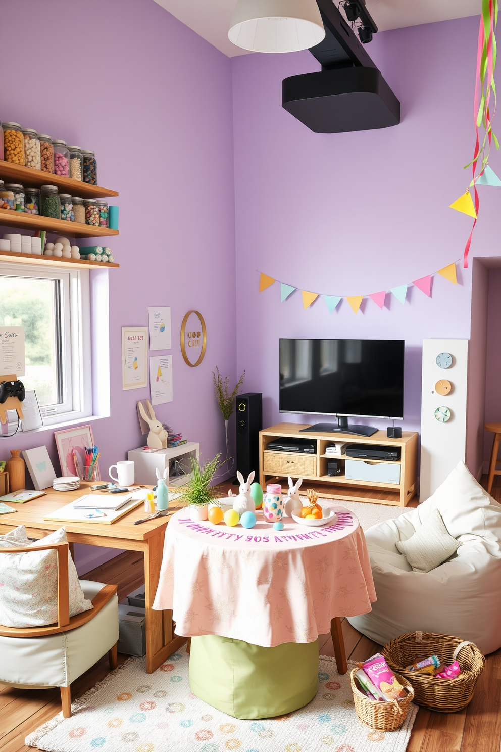 A cozy craft station for DIY Easter decorations. A wooden table is set up with various craft supplies, including pastel-colored papers, scissors, glue, and markers. Above the table, shelves hold jars filled with colorful beads, ribbons, and buttons. The walls are painted a soft lavender, and a nearby window lets in natural light, illuminating the space. A comfortable chair with a floral cushion sits at the table, and a small potted plant adds a touch of greenery to the scene. A vibrant game room decorated for Easter celebrations. The room features a large entertainment center with a flat-screen TV and gaming consoles. In the center, a round table is covered with a pastel tablecloth and Easter-themed decorations, including bunny figurines and painted eggs. The walls are adorned with festive banners and streamers in bright spring colors. Comfortable bean bags and a cozy rug provide seating, while a basket filled with Easter treats sits on a side table.