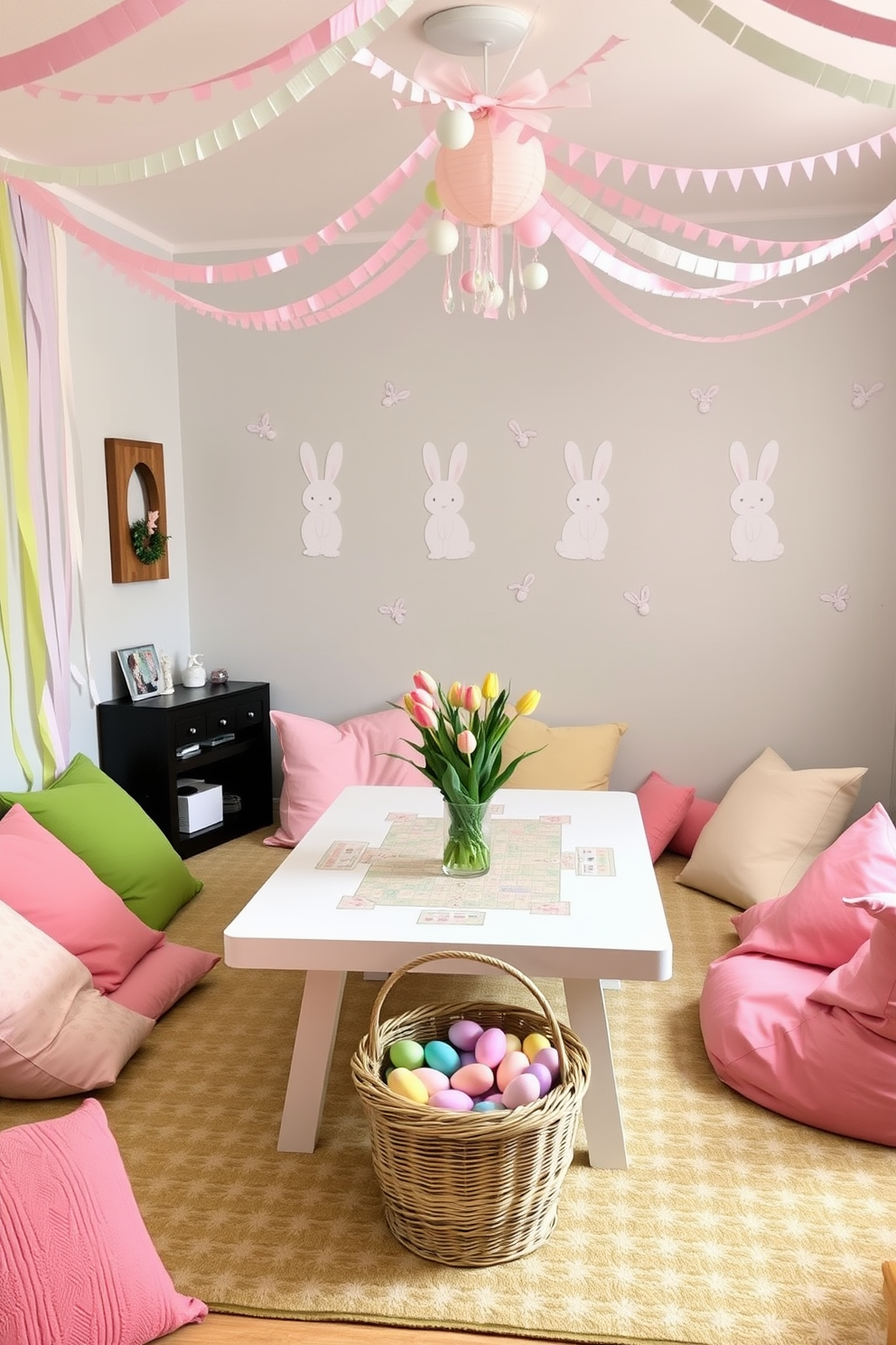 A cozy game room decorated for Easter. The walls are adorned with pastel-colored streamers and bunny-themed wall decals, creating a festive atmosphere. A large table in the center of the room is set up for board games, with a vase of fresh tulips as a centerpiece. Soft cushions and bean bags in spring colors are scattered around for comfortable seating, and a basket filled with Easter eggs sits in the corner, ready for a fun egg hunt.