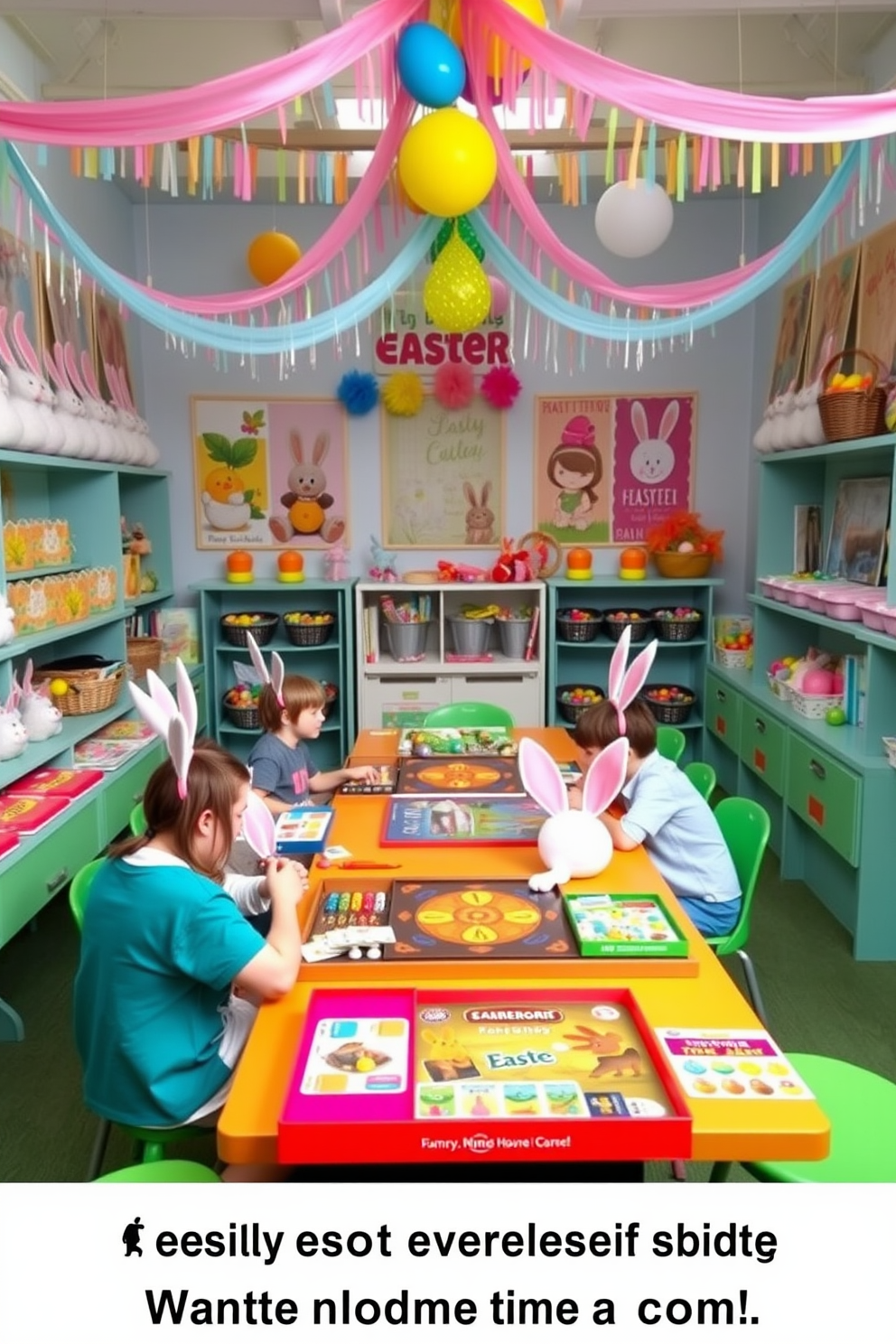 A vibrant game room filled with Easter decorations. The walls are adorned with pastel-colored streamers and bunny-themed posters, while the shelves are lined with plush rabbit toys and baskets of colorful eggs. In the center of the room, a large table is set up with board games and card games, each featuring Easter-themed designs. Bunny ears headbands are provided for guests to wear, adding a playful touch to the festive atmosphere.