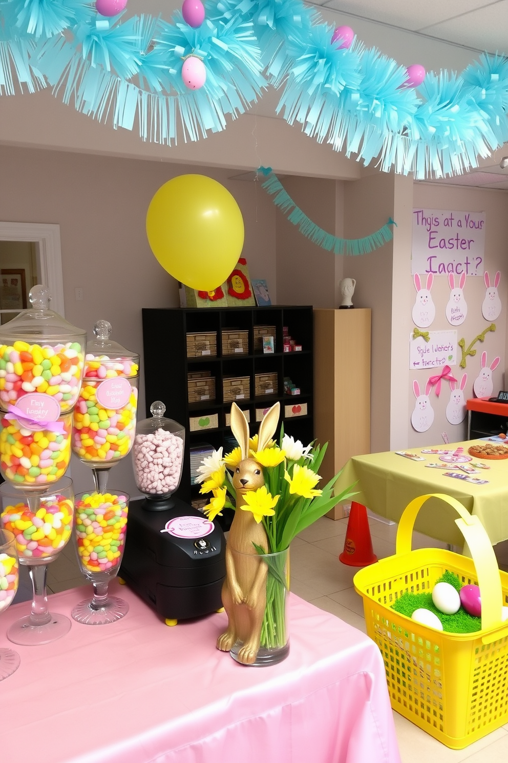 An Easter-themed snack bar adorned with pastel-colored candy jars, each filled with an assortment of treats like jelly beans, chocolate eggs, and marshmallow chicks. The countertop is draped with a light pink tablecloth, and a decorative bunny figurine sits at the center, surrounded by fresh spring flowers in a glass vase. A game room festively decorated for Easter, featuring colorful paper garlands and egg-shaped balloons hanging from the ceiling. The walls are adorned with playful bunny decals, and a table in the corner is set up with various Easter-themed games and activities, including a basket of plastic eggs for a fun scavenger hunt.