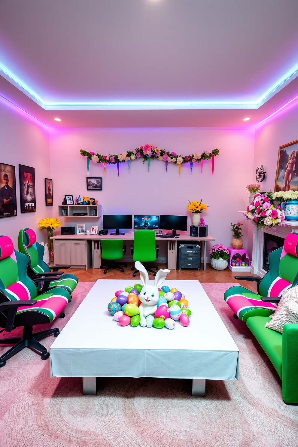 A vibrant gaming room featuring brightly colored gaming chairs. Each chair is upholstered in a mix of neon blue, green, and pink fabric, with ergonomic designs that include adjustable armrests and lumbar support. The room is filled with LED strip lighting along the walls, casting a cool glow that complements the chairs. A large, custom-built desk holds multiple monitors, and the walls are adorned with gaming posters and shelves displaying collectible action figures. A cozy living room decorated for Easter with soft pastel hues. The centerpiece is a large coffee table with a white tablecloth, adorned with an array of colorful Easter eggs and a charming ceramic bunny. Floral arrangements in shades of pink, yellow, and lavender are placed around the room, adding a touch of spring freshness. The mantelpiece is draped with a garland of faux flowers and Easter-themed decorations, creating a festive and inviting atmosphere.