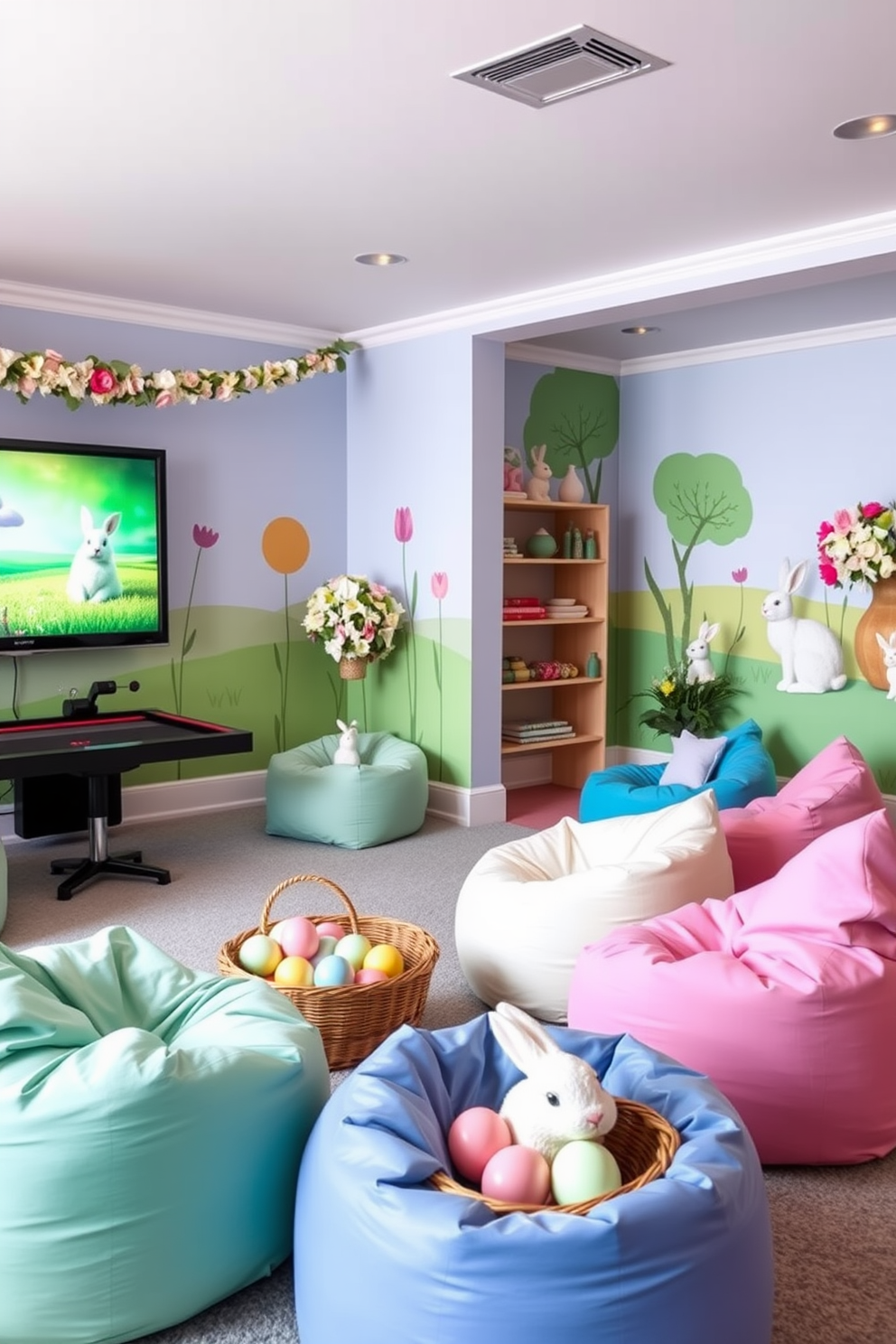 A vibrant game room with pastel-colored bean bags scattered around for seating comfort. The walls are adorned with playful murals, and a large screen for gaming dominates one side of the room. Easter decorating ideas featuring pastel hues and whimsical touches. Delicately painted eggs in soft colors are arranged in baskets, while bunny figurines and floral garlands add a festive charm to the space.