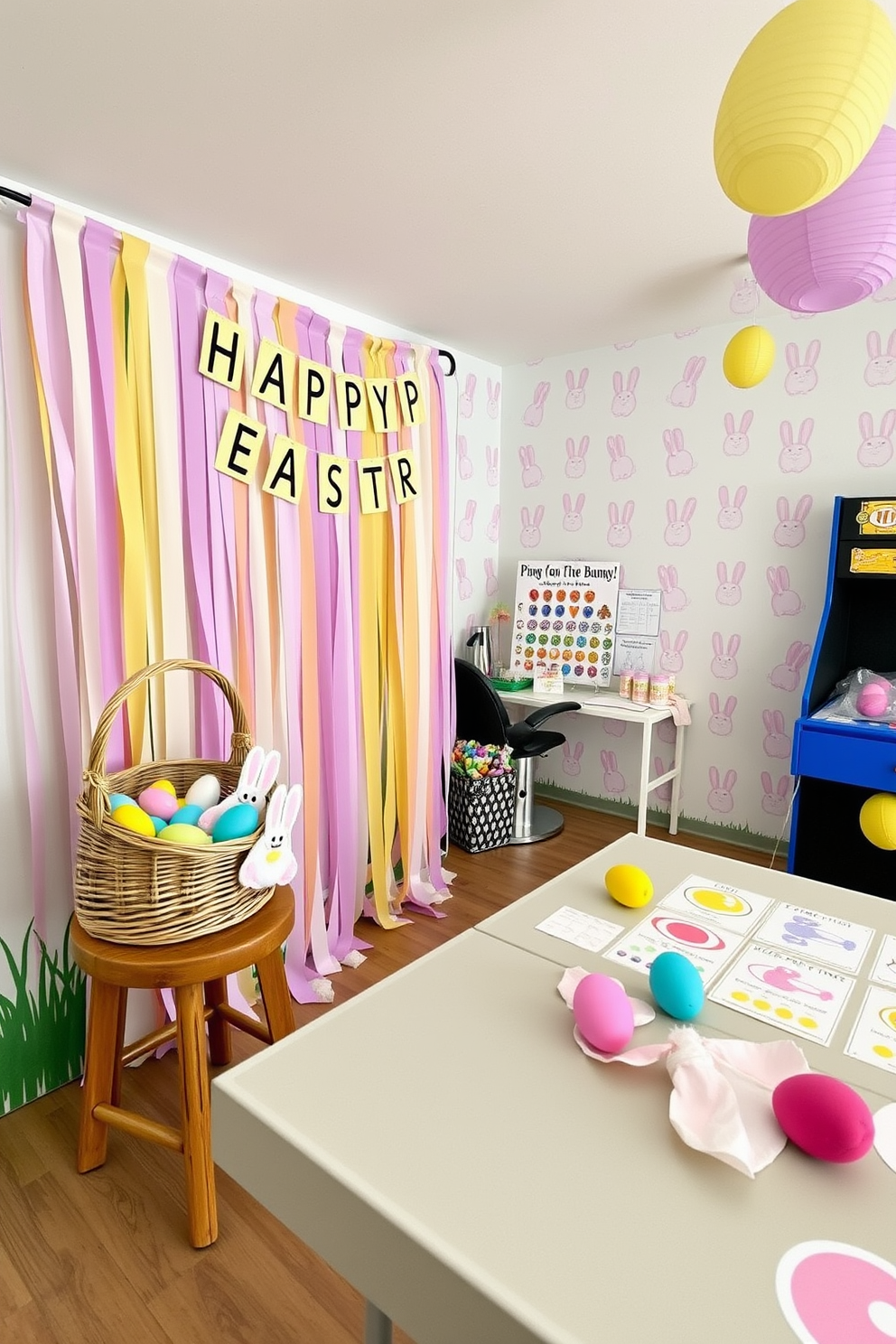 A cozy photo booth corner decorated for Easter. The backdrop features pastel-colored streamers and a large 