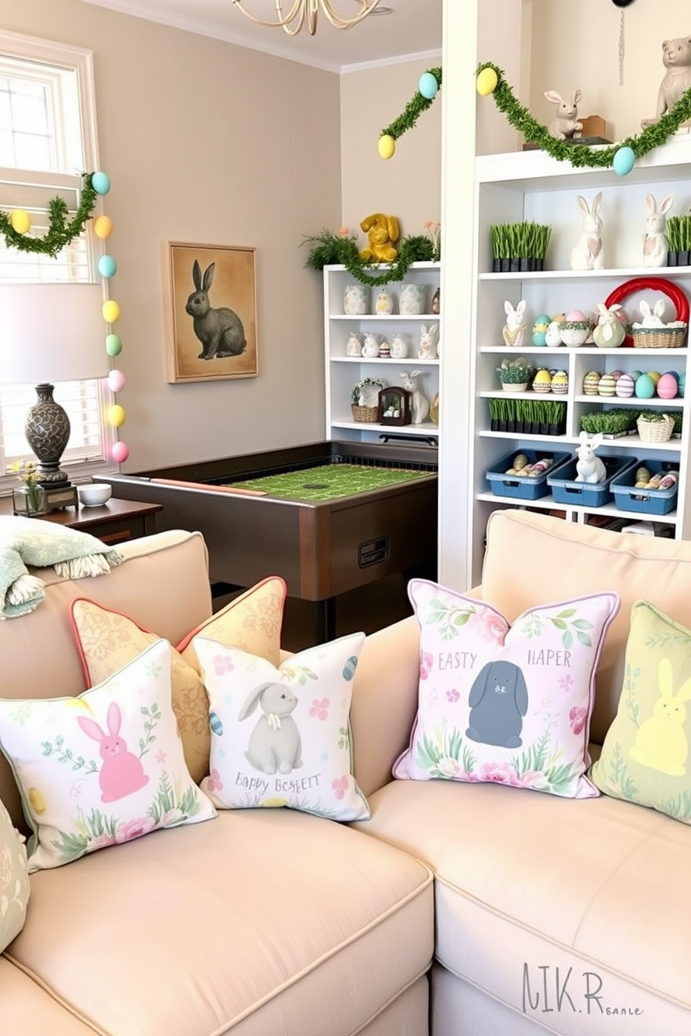 A cozy living room featuring Easter-themed throw pillows on couches. The pillows display pastel-colored patterns with bunnies, eggs, and floral designs, complementing the soft beige upholstery of the couches. A vibrant game room adorned with Easter decorations. Colorful egg garlands hang from the walls, and the shelves are filled with playful bunny figurines and baskets filled with faux grass and painted eggs.