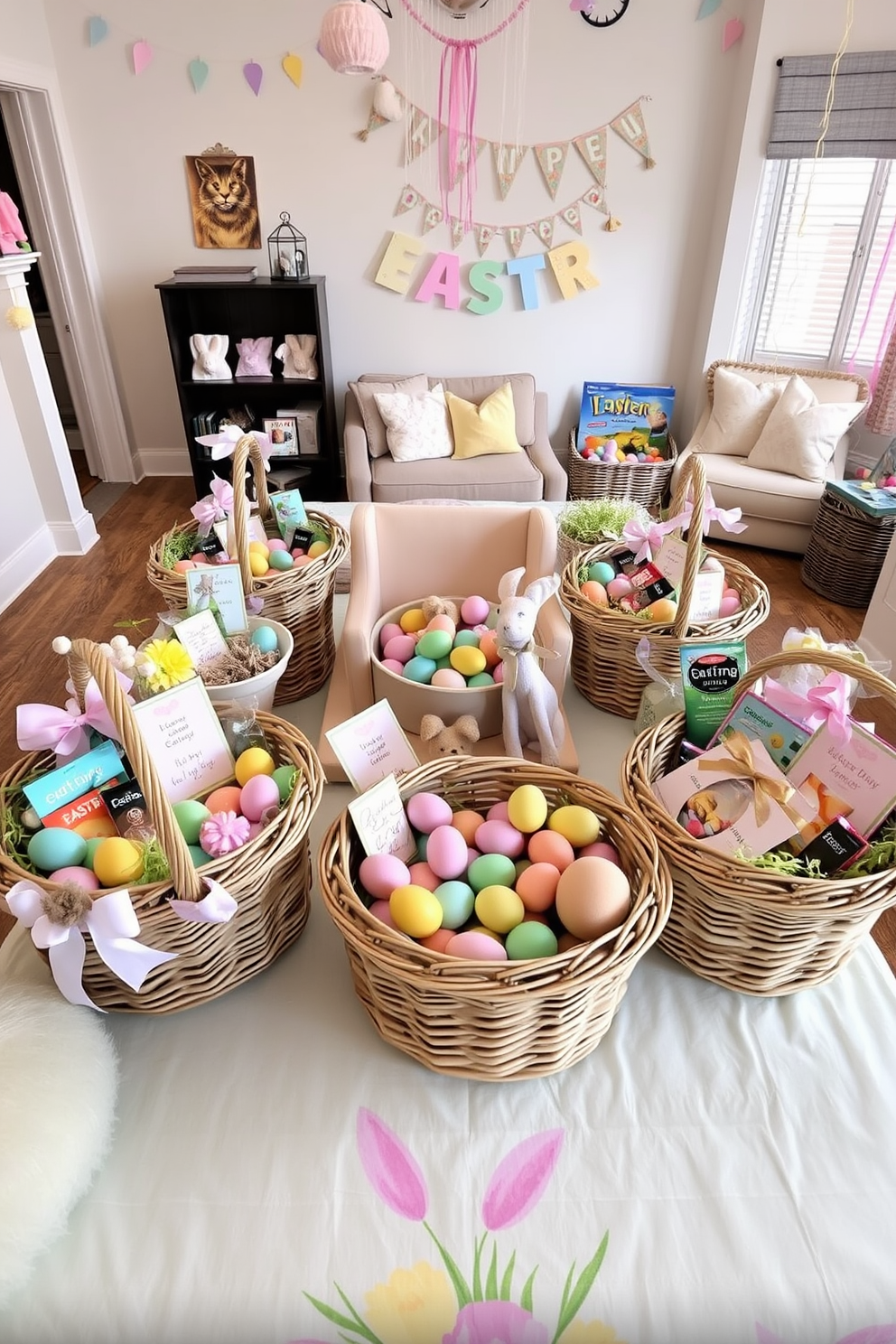 Decorative Easter baskets filled with snacks. The baskets are woven from natural materials and adorned with pastel-colored ribbons and faux flowers. Inside, they are filled with an assortment of gourmet chocolates, artisanal cookies, and colorful candy eggs. Each basket also includes a small plush toy and a handwritten note on a decorative card. Game Room Easter Decorating Ideas. The room features a large central table covered with a festive Easter-themed tablecloth, surrounded by comfortable seating. On the table, there are bowls filled with brightly colored eggs, bunny-shaped decorations, and a variety of board games. The walls are decorated with Easter bunting and streamers, and a corner of the room has a cozy reading nook with Easter-themed pillows and a basket of children's books.