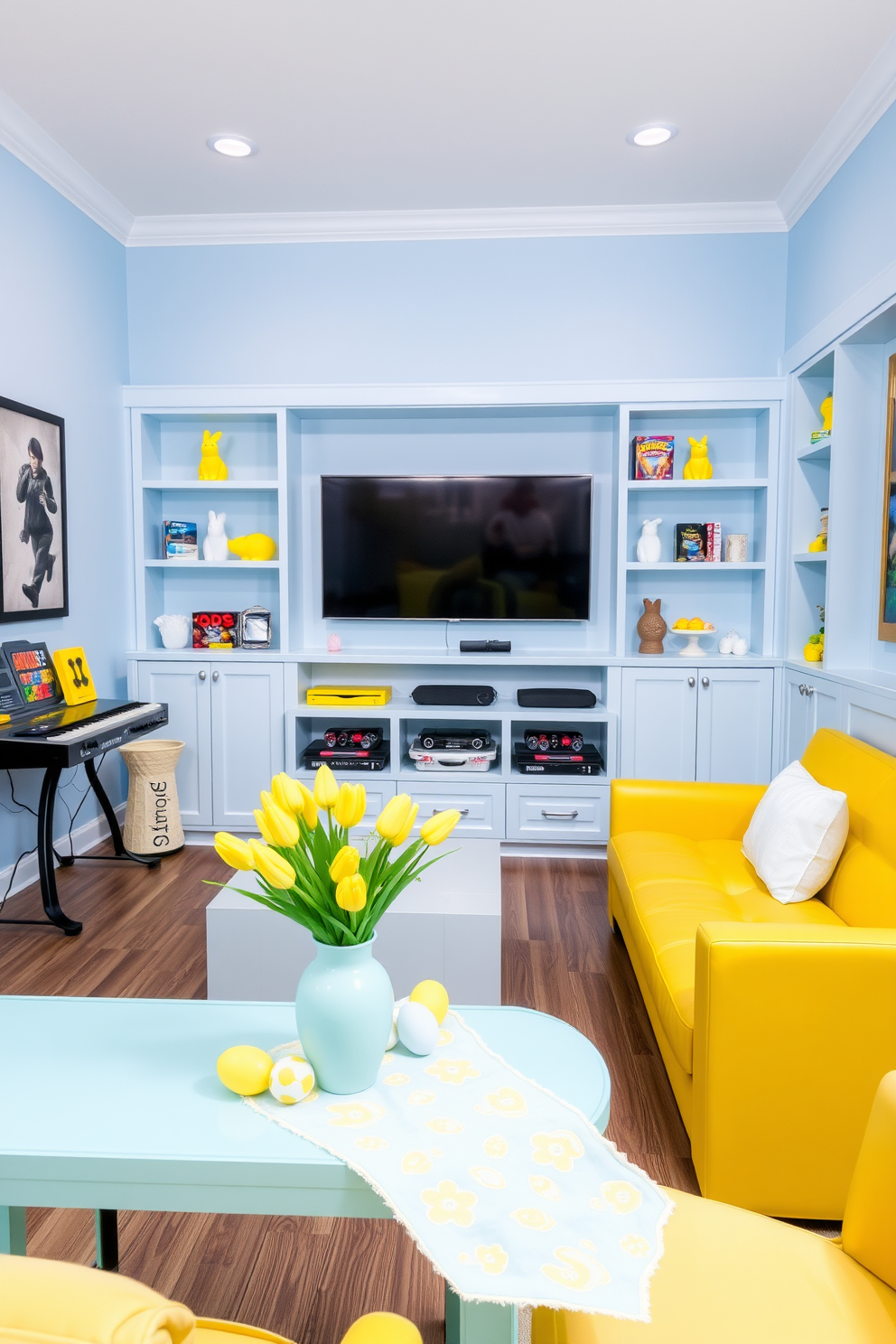 A vibrant game room setting. The walls are painted in a light blue shade, while yellow accents are incorporated through furniture and decor. A sleek yellow sofa sits against one wall, paired with a light blue coffee table. The room features a large TV mounted on the wall, surrounded by light blue and yellow built-in shelves filled with games and books. An Easter-themed decoration idea. The room is adorned with pastel-colored decorations, focusing on light blue and yellow hues. A centerpiece on the coffee table features a light blue vase filled with yellow tulips and Easter eggs. Yellow and blue bunny figurines are placed on the shelves, and a light blue table runner with yellow patterns is spread across the dining table.