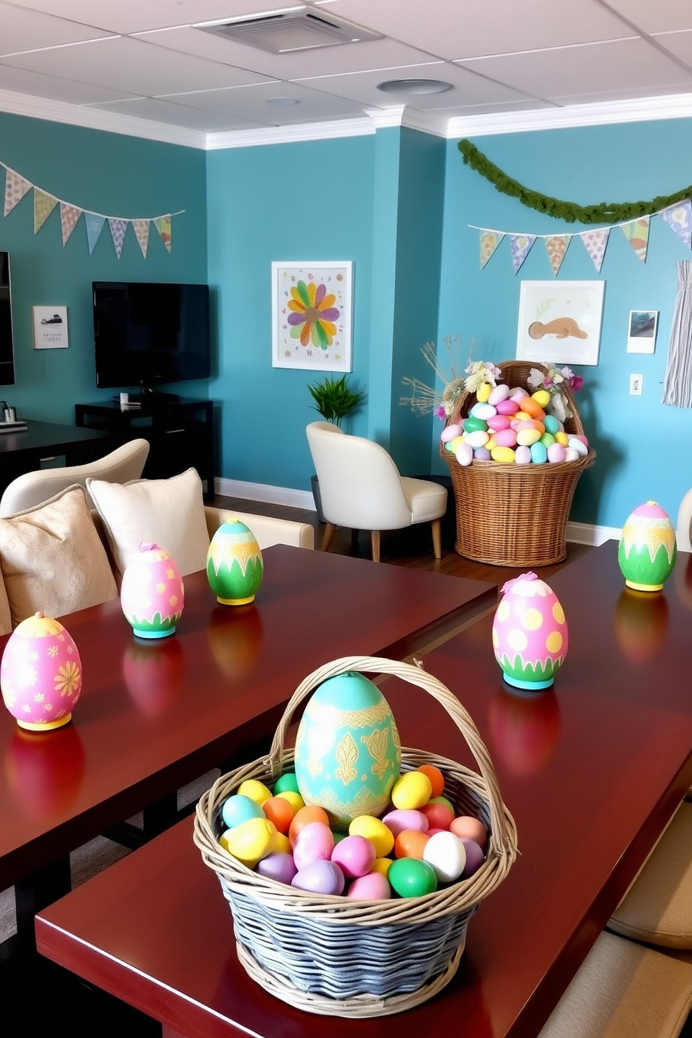 A lively game room decorated for Easter. Brightly colored DIY painted egg centerpieces sit on tables, each featuring intricate patterns and pastel hues. The walls are adorned with festive banners and garlands, and a large basket filled with assorted Easter eggs is placed in the corner. Comfortable seating and playful decor create a joyful and inviting atmosphere.