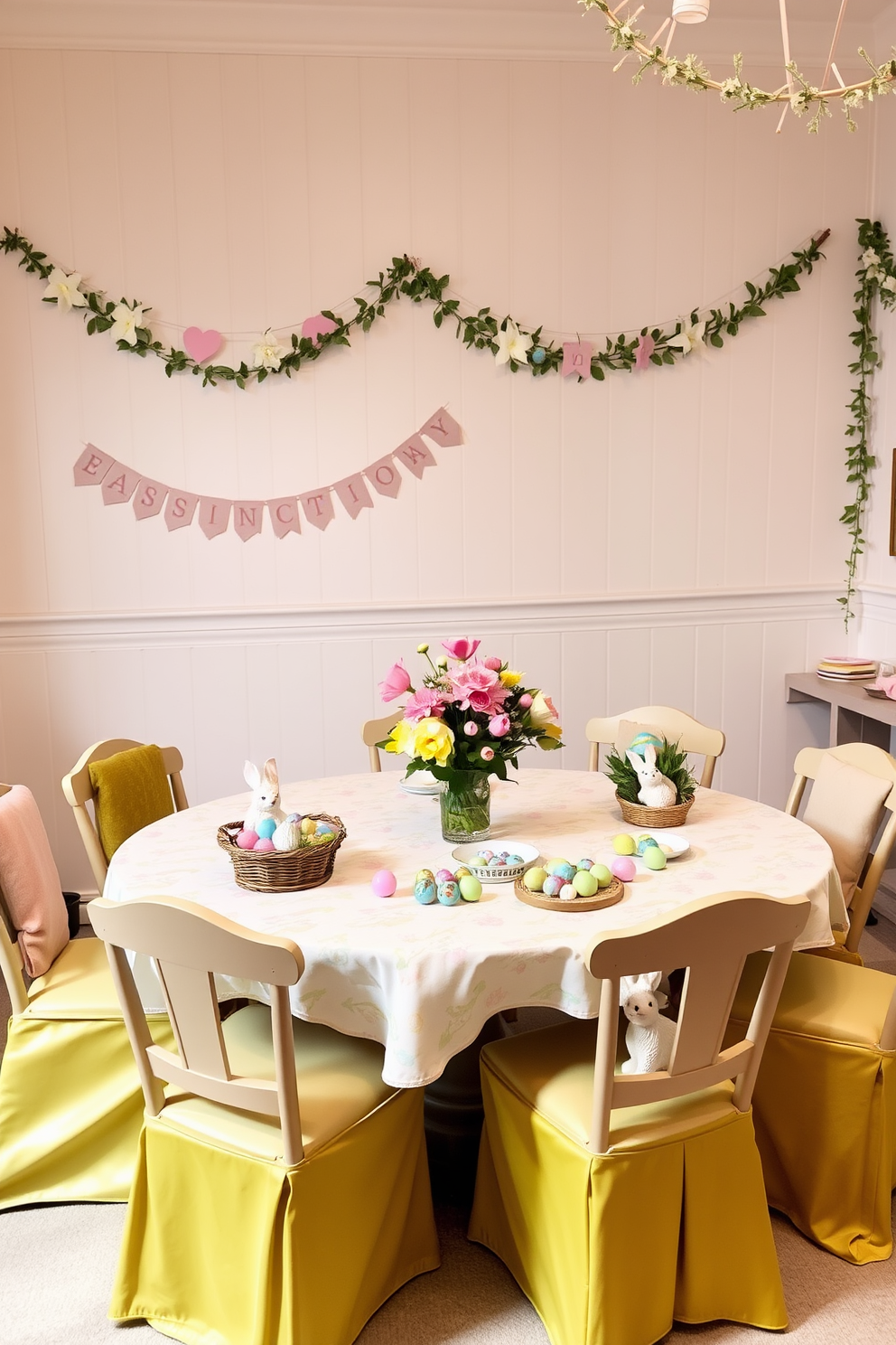 A game room designed for Easter celebrations. The room features a large, round table in the center, covered with a pastel-colored tablecloth adorned with Easter-themed patterns. Surrounding the table are comfortable, colorful chairs, each with a small, decorative Easter bunny placed on the seat. The walls are decorated with festive banners and garlands in soft spring hues, creating a cheerful atmosphere. On the table, there are various Easter eggs, both painted and chocolate, arranged in charming baskets alongside a centerpiece of fresh spring flowers in a vibrant vase.