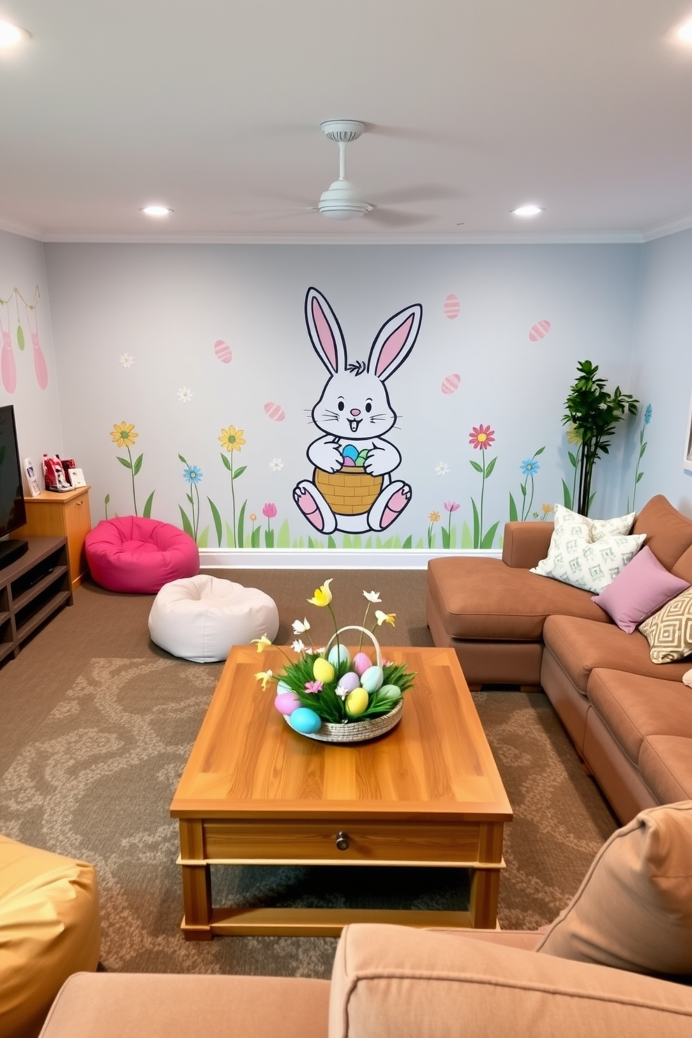 An inviting game room decorated for Easter. The walls feature pastel-colored decals of Easter eggs, bunnies, and flowers, creating a festive atmosphere. On the main wall, a large decal of a cheerful Easter bunny holding a basket of eggs is the focal point. The room is filled with cozy seating, including bean bags and a large sectional sofa, perfect for family gatherings. A wooden coffee table in the center holds a decorative Easter-themed centerpiece, complete with colorful eggs and spring flowers.