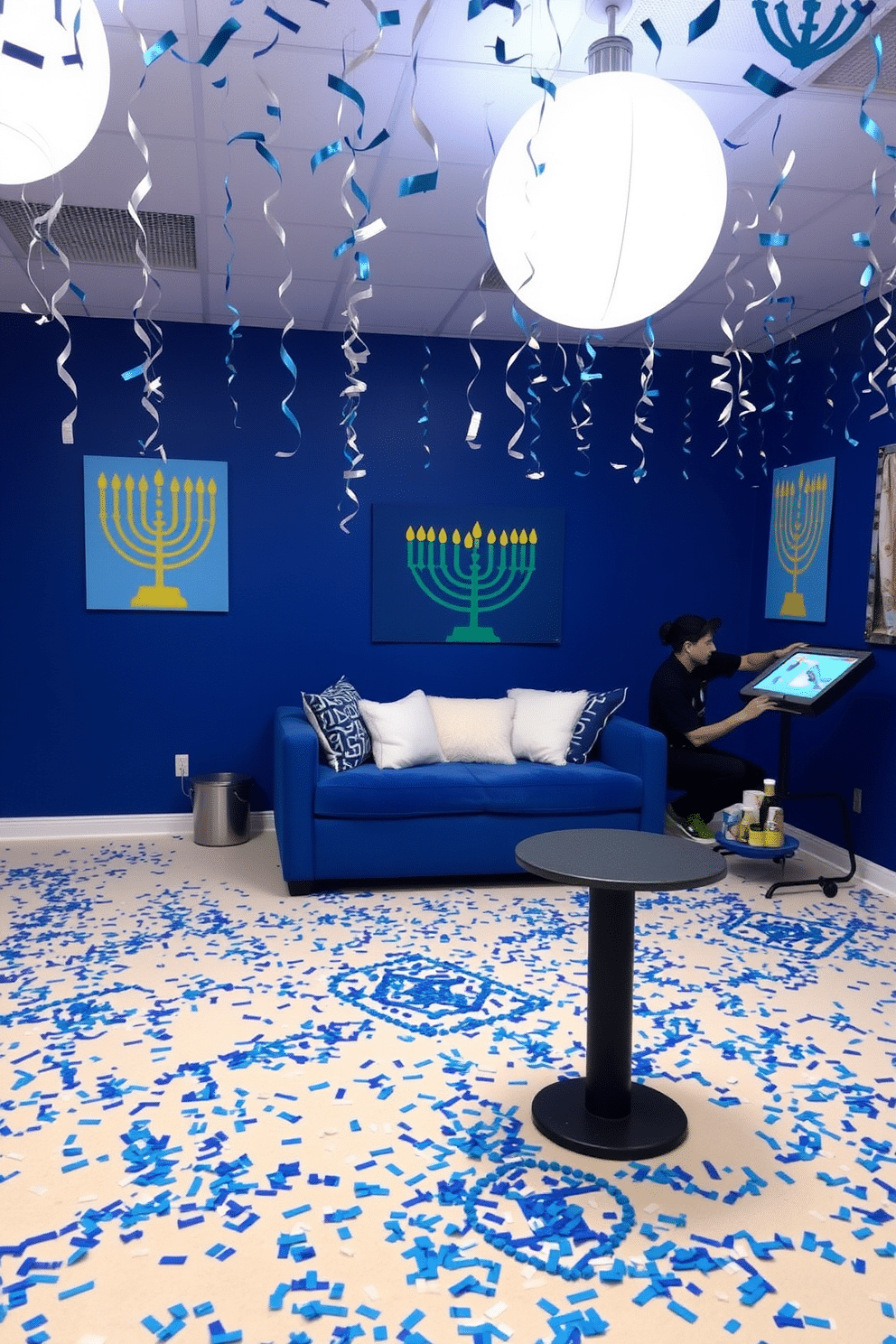 A vibrant game room decorated for Hanukkah features a playful mix of blue and white confetti scattered across the floor and hanging from the ceiling. The walls are adorned with colorful menorah artwork, and a cozy seating area is set up with plush cushions in festive hues, inviting friends and family to gather and celebrate.