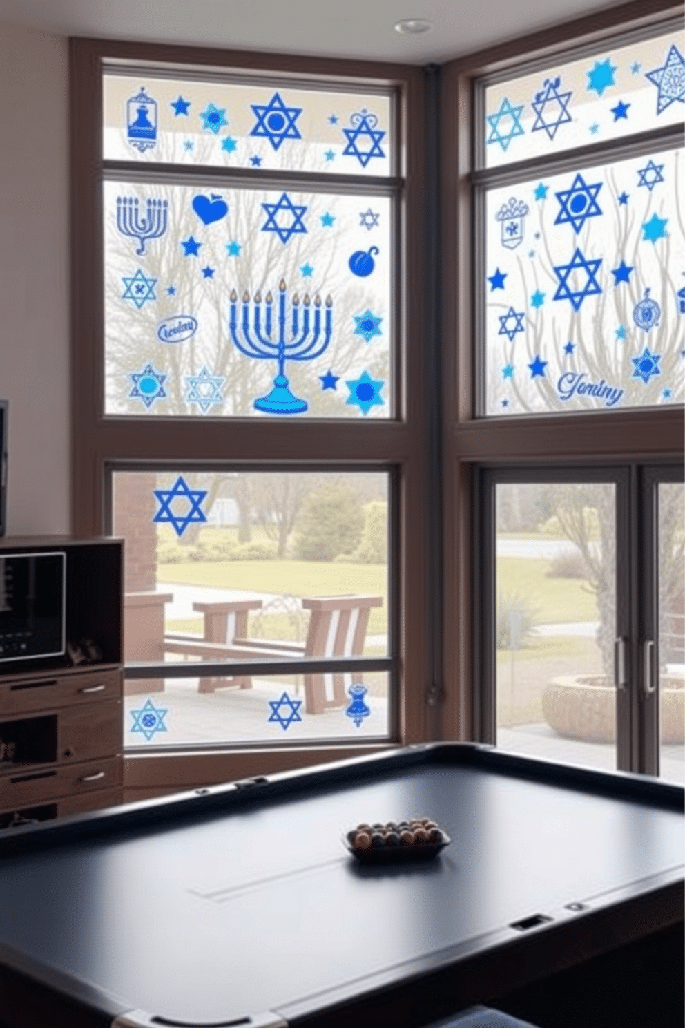 A festive game room adorned with Hanukkah-themed window clings that showcase vibrant blue and white designs, featuring menorahs, dreidels, and stars of David. The clings are strategically placed on large windows, allowing natural light to enhance the cheerful atmosphere while creating a playful and inviting space for family gatherings.