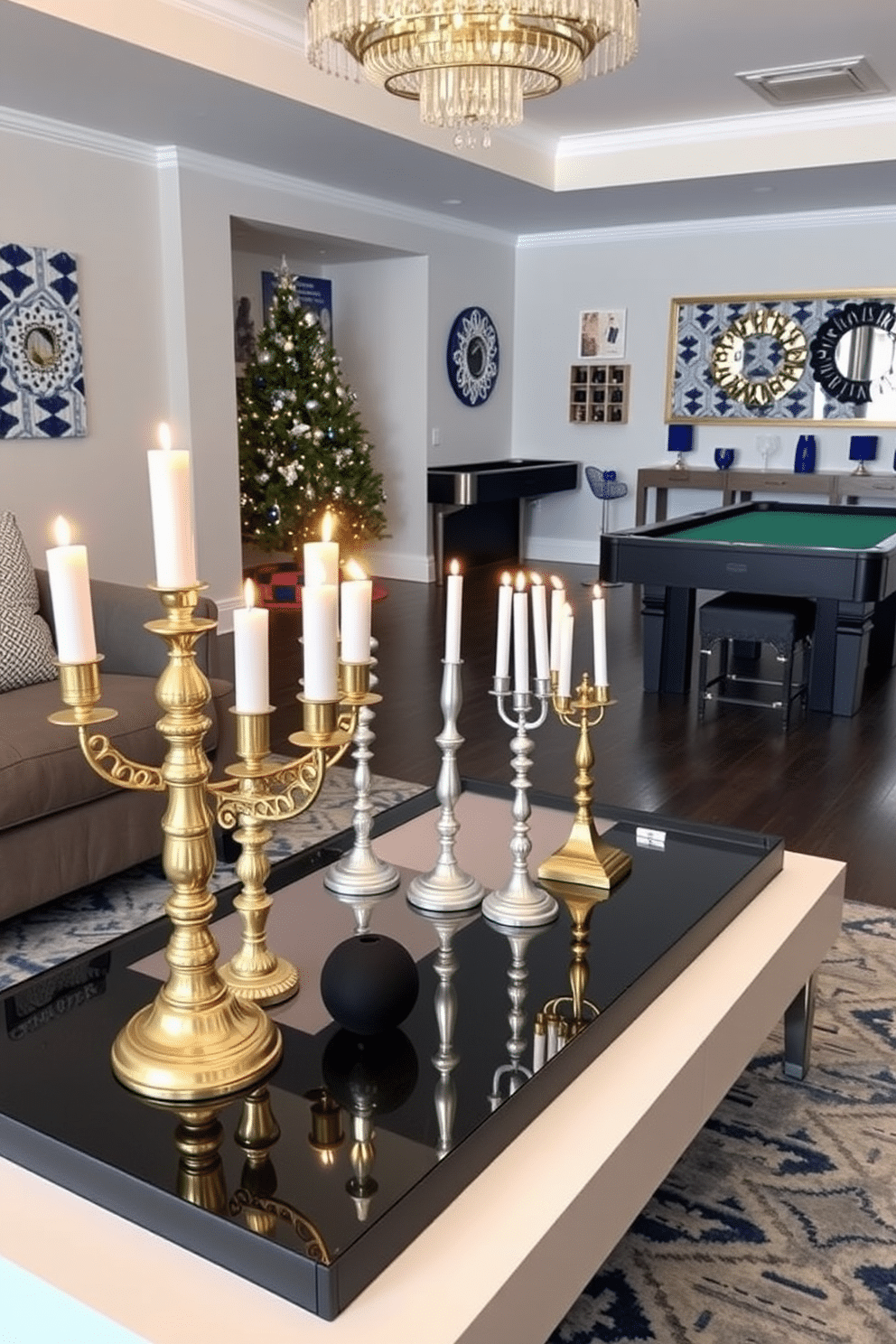 A stylish game room adorned for Hanukkah, featuring an array of gold and silver candle holders placed on a sleek, modern coffee table. The walls are decorated with festive blue and white accents, and a cozy seating area invites guests to enjoy the holiday spirit.