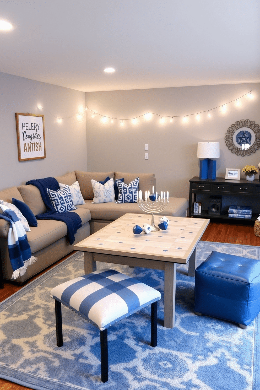 A cozy game room featuring a plush sectional sofa adorned with blue and white throw blankets draped casually over the arm. The walls are painted a soft gray, and a large area rug in coordinating colors anchors the space, creating a warm and inviting atmosphere. For Hanukkah decorating ideas, string lights twinkle above the game table, illuminating a centerpiece of menorahs and dreidels. Festive blue and silver accents are scattered throughout the room, enhancing the celebratory mood while maintaining a stylish design.