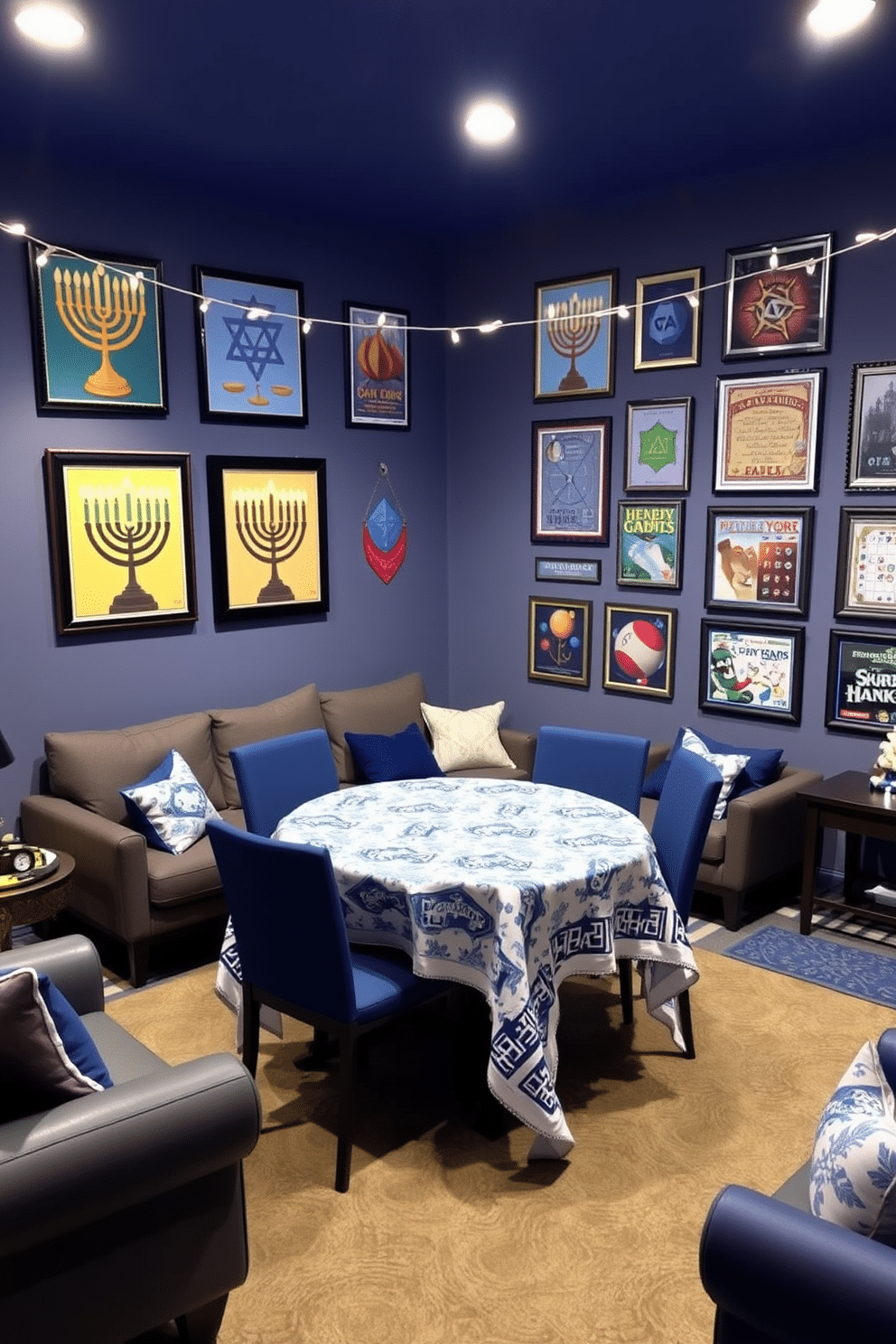 A vibrant game room decorated for Hanukkah features a large wall adorned with colorful wall art prints depicting traditional symbols like menorahs and dreidels. The space is filled with cozy seating, festive string lights, and a playful blend of blue and silver accents to enhance the celebratory atmosphere. Incorporate a game table surrounded by comfortable chairs, draped with a festive tablecloth showcasing Hanukkah motifs. The walls are further enhanced with framed prints of family-friendly games, creating a fun and inviting environment for gatherings during the holiday season.