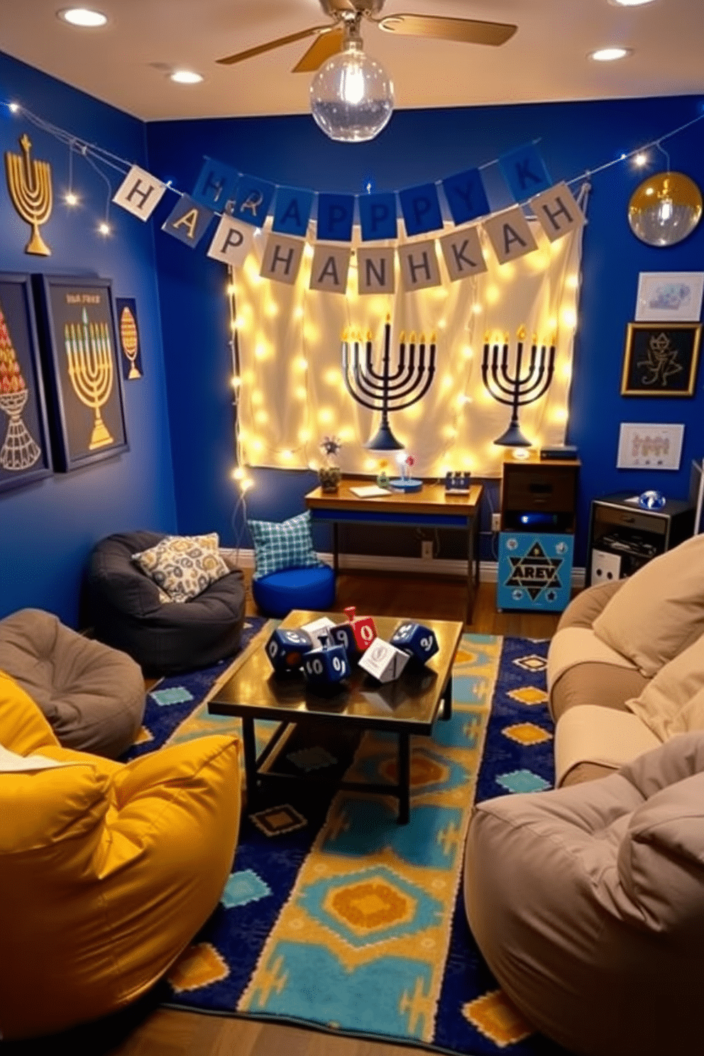 A festive game room adorned for Hanukkah features a cozy seating area with plush bean bags and a large, colorful rug. On a central table, decorative dreidel bowls are filled with treats, surrounded by twinkling string lights that create a warm, inviting atmosphere. The walls are decorated with vibrant blue and gold accents, showcasing menorahs and festive artwork. A playful banner reading 