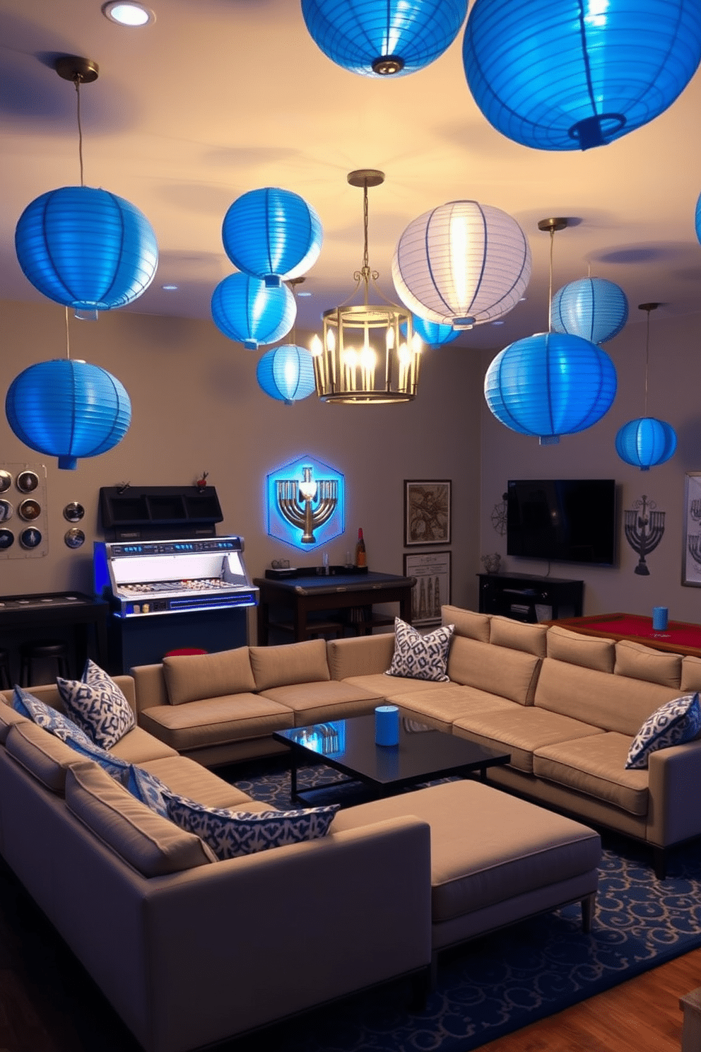 A vibrant game room decorated for Hanukkah, featuring blue and silver paper lanterns hanging from the ceiling, casting a warm glow over the space. The walls are adorned with festive decorations, and a large, comfortable sectional sofa is arranged around a sleek coffee table, perfect for family gatherings and game nights.