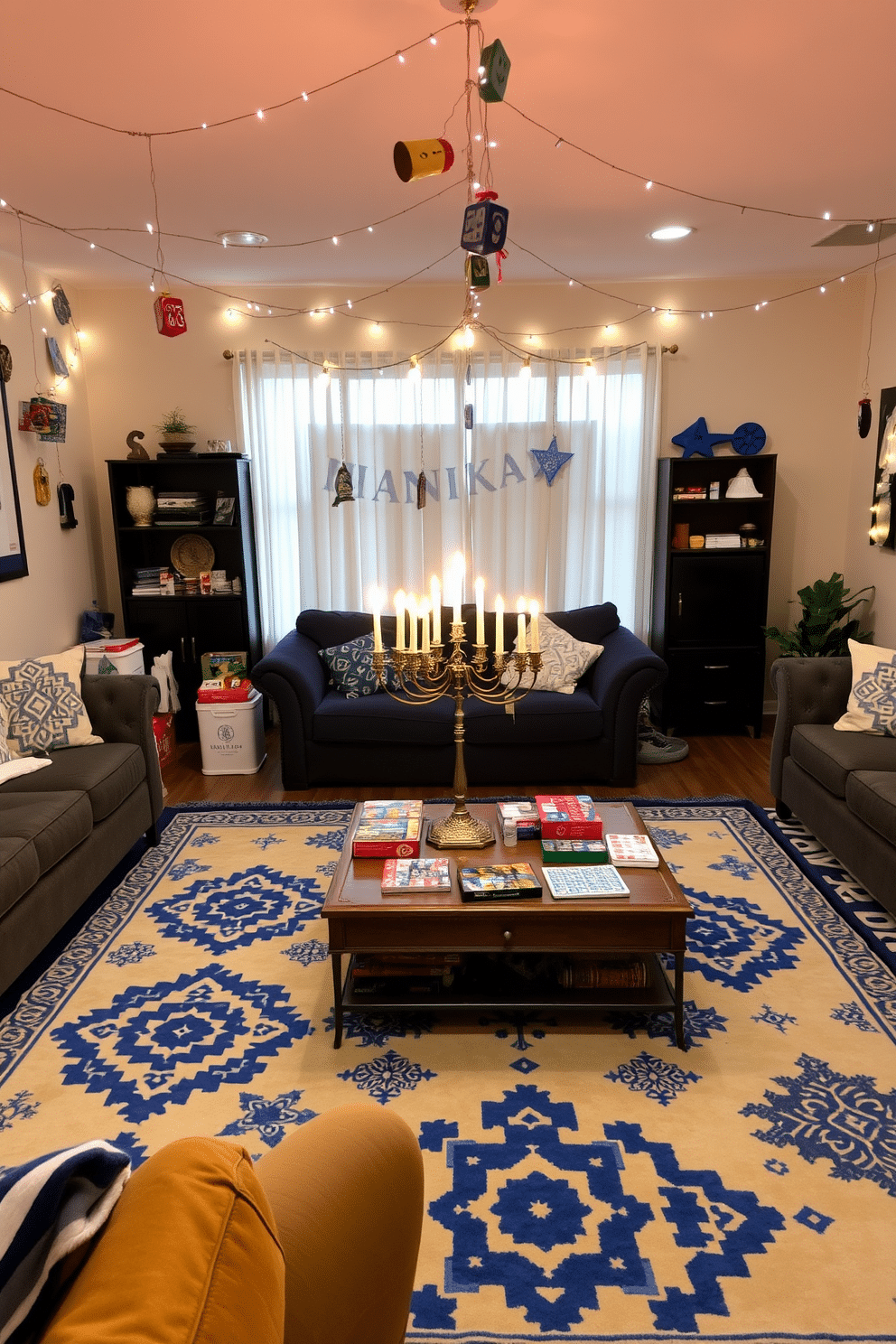 A cozy game room adorned with Hanukkah-themed rugs featuring traditional blue and white motifs, creating a festive atmosphere. The space is filled with comfortable seating, and a large coffee table is topped with games and snacks for family gatherings. The walls are decorated with playful Hanukkah decorations, including string lights and dreidel ornaments. A vibrant menorah sits on the coffee table, surrounded by candles, adding warmth and a festive glow to the room.