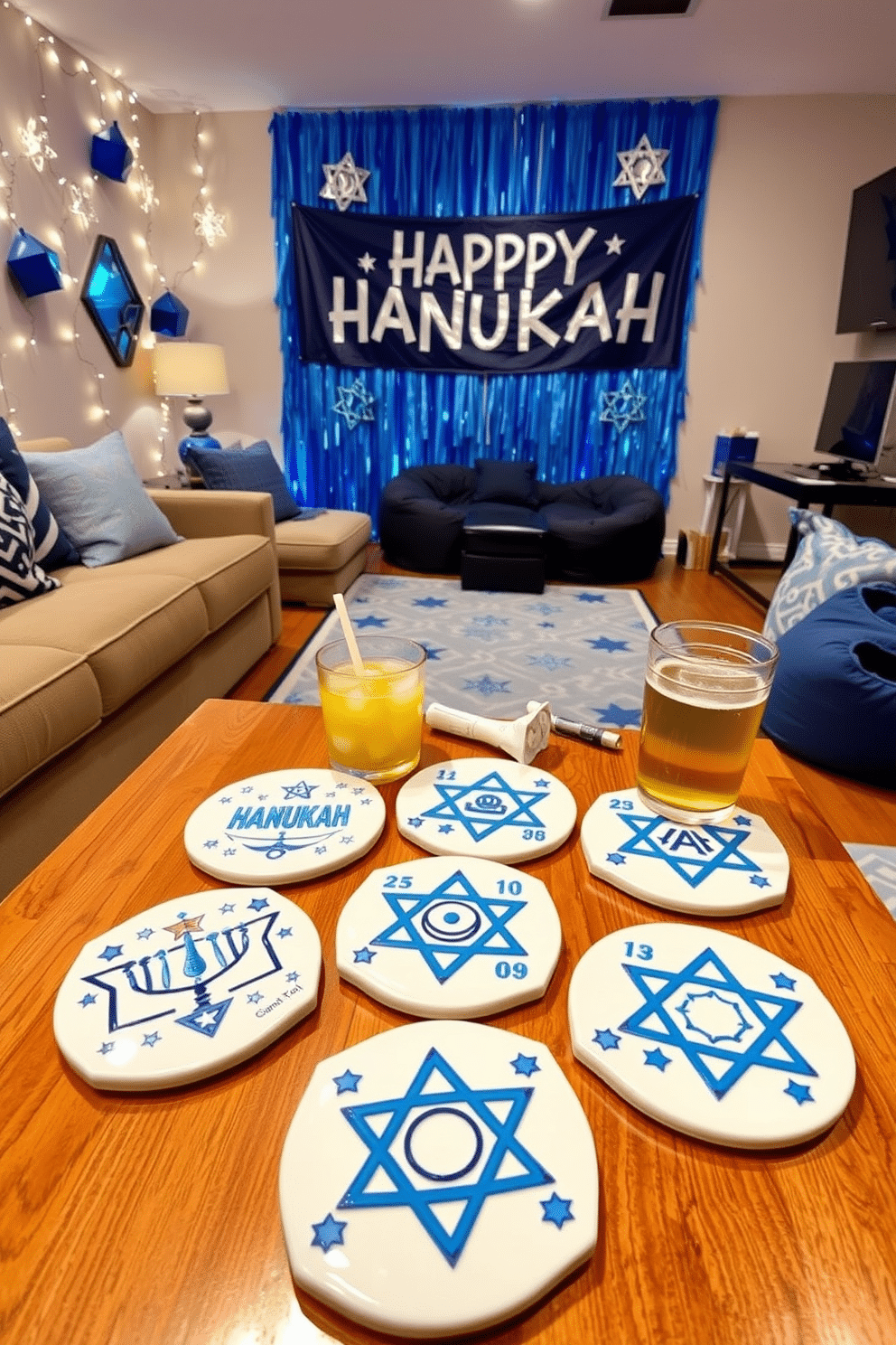 A set of Hanukkah-themed coasters featuring intricate designs of menorahs, dreidels, and Star of David motifs, crafted from high-quality ceramic with a glossy finish. The coasters are arranged on a wooden coffee table, surrounded by festive snacks and drinks, creating a warm and inviting atmosphere for holiday gatherings. In the game room, vibrant blue and silver decorations adorn the walls, including string lights shaped like dreidels and a large banner that reads 