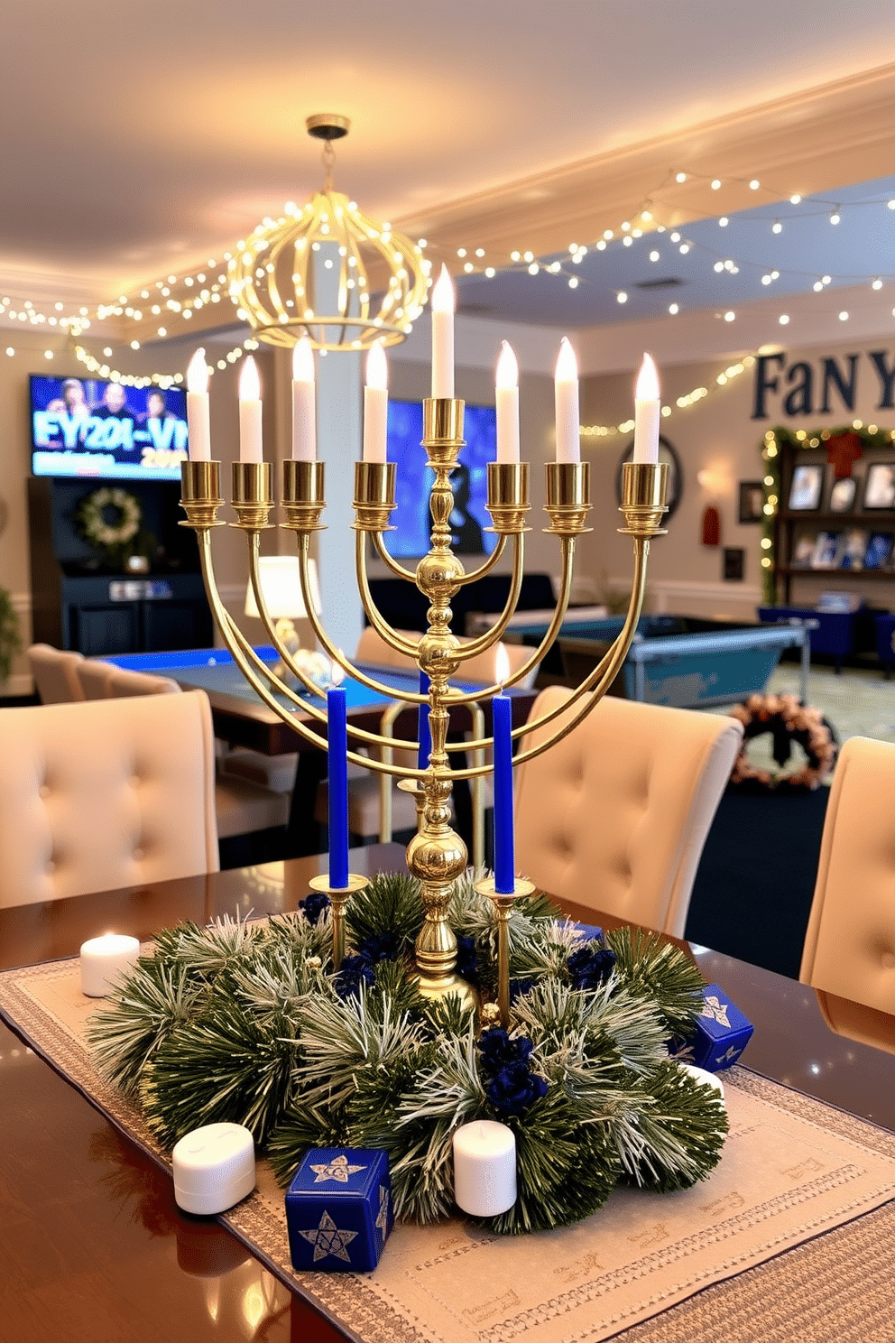 A stunning menorah centerpiece featuring elegant gold accents sits prominently on a festive table. Surrounding it are vibrant decorations that celebrate the spirit of Hanukkah, including dreidels and blue and white candles. The game room is transformed into a cozy Hanukkah retreat, adorned with string lights and themed decor. Plush seating invites family and friends to gather and enjoy holiday games together, creating a warm and inviting atmosphere.