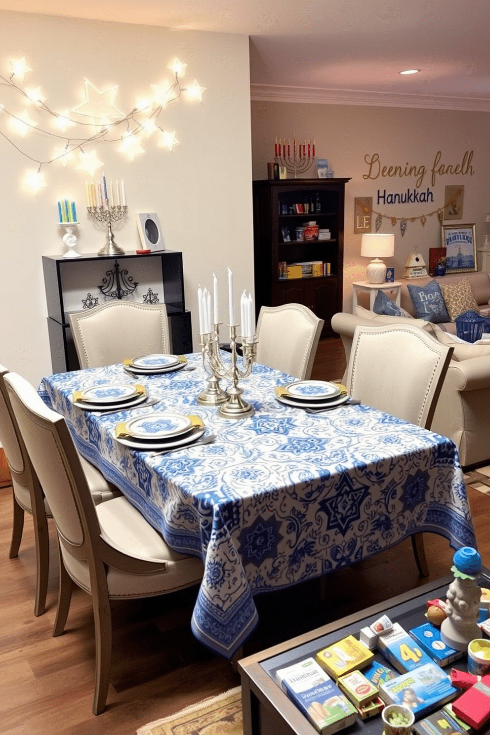 A festive dining table adorned with a vibrant Hanukkah-themed tablecloth featuring traditional blue and white patterns, complemented by silver and gold accents. Surrounding the table are elegant chairs with plush cushions, and a centerpiece of menorahs and dreidels adds a warm, inviting touch. A cozy game room filled with playful Hanukkah decorations, including string lights shaped like stars and a large menorah displayed on a stylish shelf. The space features a comfortable sofa with festive throw pillows and a coffee table decorated with Hanukkah-themed games and treats, creating a joyful atmosphere for family gatherings.