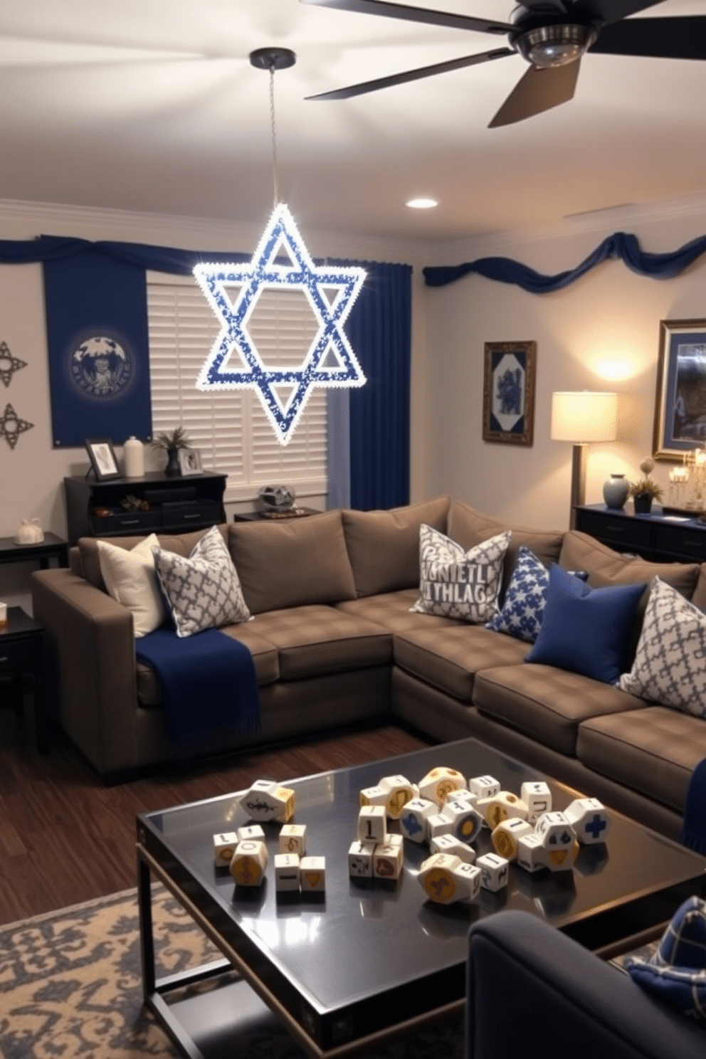 A cozy game room adorned for Hanukkah features a large Star of David hanging ornament that catches the light, creating a warm and festive atmosphere. The walls are decorated with blue and silver accents, while a comfortable sectional sofa invites friends and family to gather for games and celebration. On a stylish coffee table, a collection of dreidels and gelt adds a playful touch to the decor. Soft, ambient lighting enhances the inviting feel, making it the perfect space for holiday fun and relaxation.