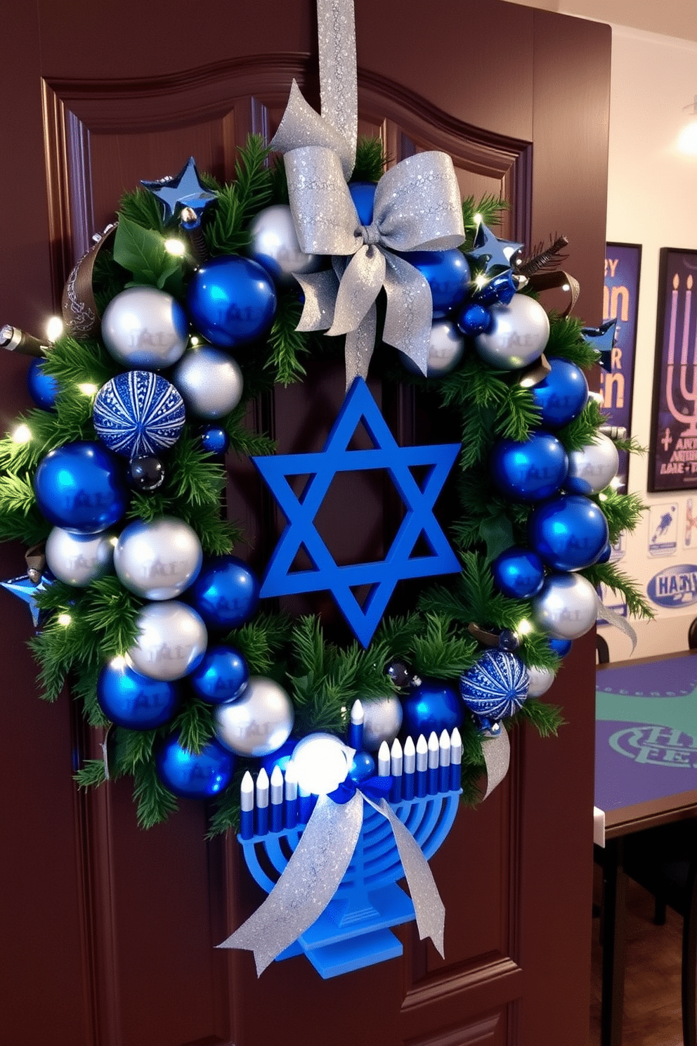 A festive Hanukkah-themed door wreath adorned with blue and silver ornaments, featuring a large Star of David at the center. The wreath is accented with twinkling LED lights and fresh greenery, creating a warm and welcoming entrance. The game room is transformed with Hanukkah decorations, showcasing a vibrant blue and white color scheme. A menorah-shaped game table centerpiece and themed wall art enhance the festive atmosphere, making it a perfect space for family gatherings.