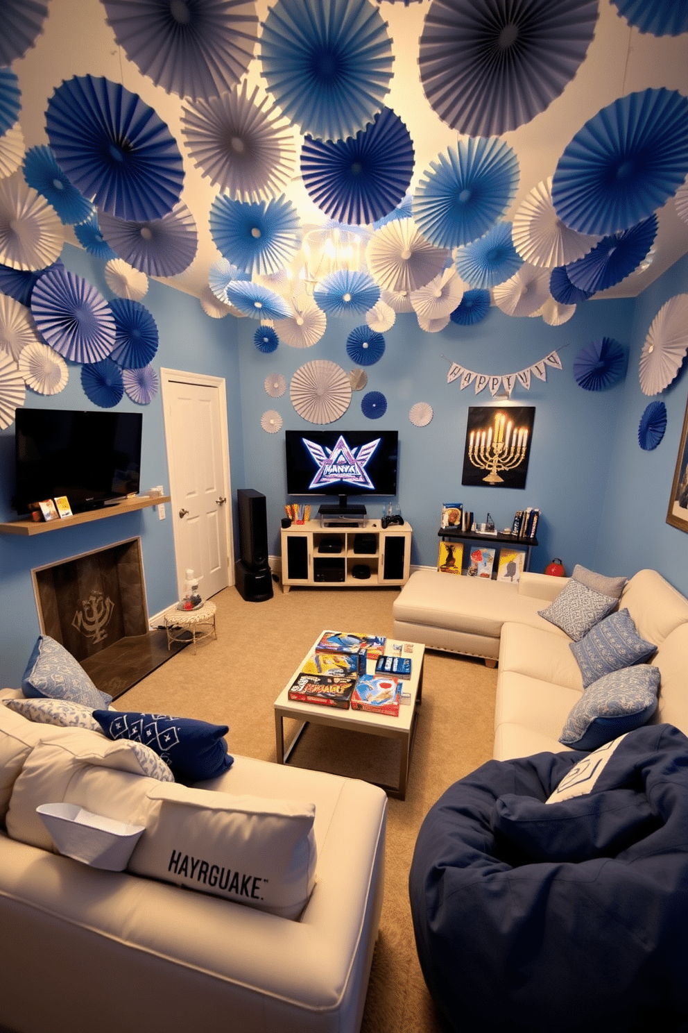 A vibrant game room adorned with blue and white paper fans creates a festive atmosphere. The walls are painted a soft blue, complemented by a plush white sectional sofa and a large coffee table filled with board games. In the corner, a stylish game console setup features a sleek TV mounted on the wall, surrounded by cozy bean bags. Hanukkah decorations, including a beautifully lit menorah and festive tableware, add a touch of warmth and celebration to the space.