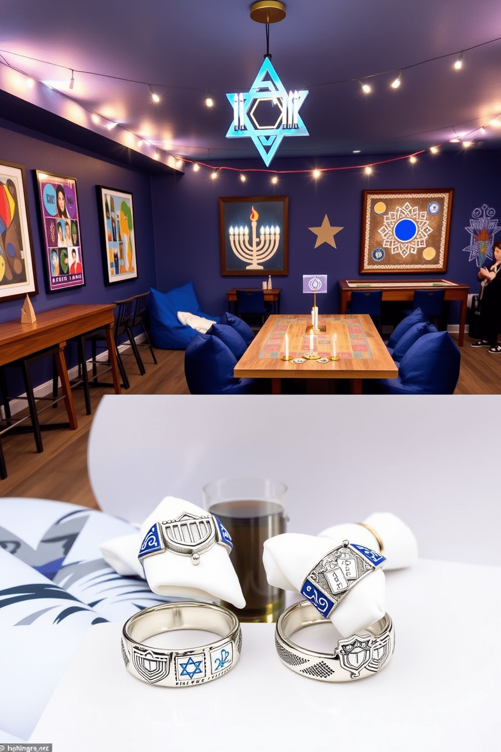 A festive set of Hanukkah-themed napkin rings crafted from silver and adorned with blue and white enamel accents. Each ring features intricate designs of menorahs and dreidels, adding a touch of elegance to the holiday table setting. A vibrant game room decorated for Hanukkah, featuring a large table for playing board games surrounded by comfortable bean bag chairs in shades of blue and white. The walls are adorned with colorful Hanukkah-themed artwork, and string lights create a warm, inviting atmosphere.