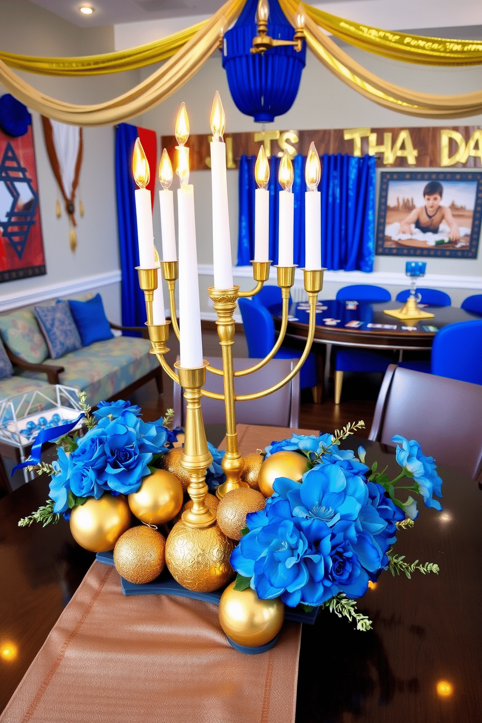 A stunning table centerpiece featuring a mix of gold and blue elements. The arrangement includes elegant candles, shimmering ornaments, and fresh flowers in shades of blue, all set on a luxurious table runner. A vibrant game room decorated for Hanukkah, showcasing a playful blend of traditional and modern elements. The space features a large menorah as a focal point, surrounded by colorful cushions, festive banners, and a gaming table adorned with blue and gold accents.